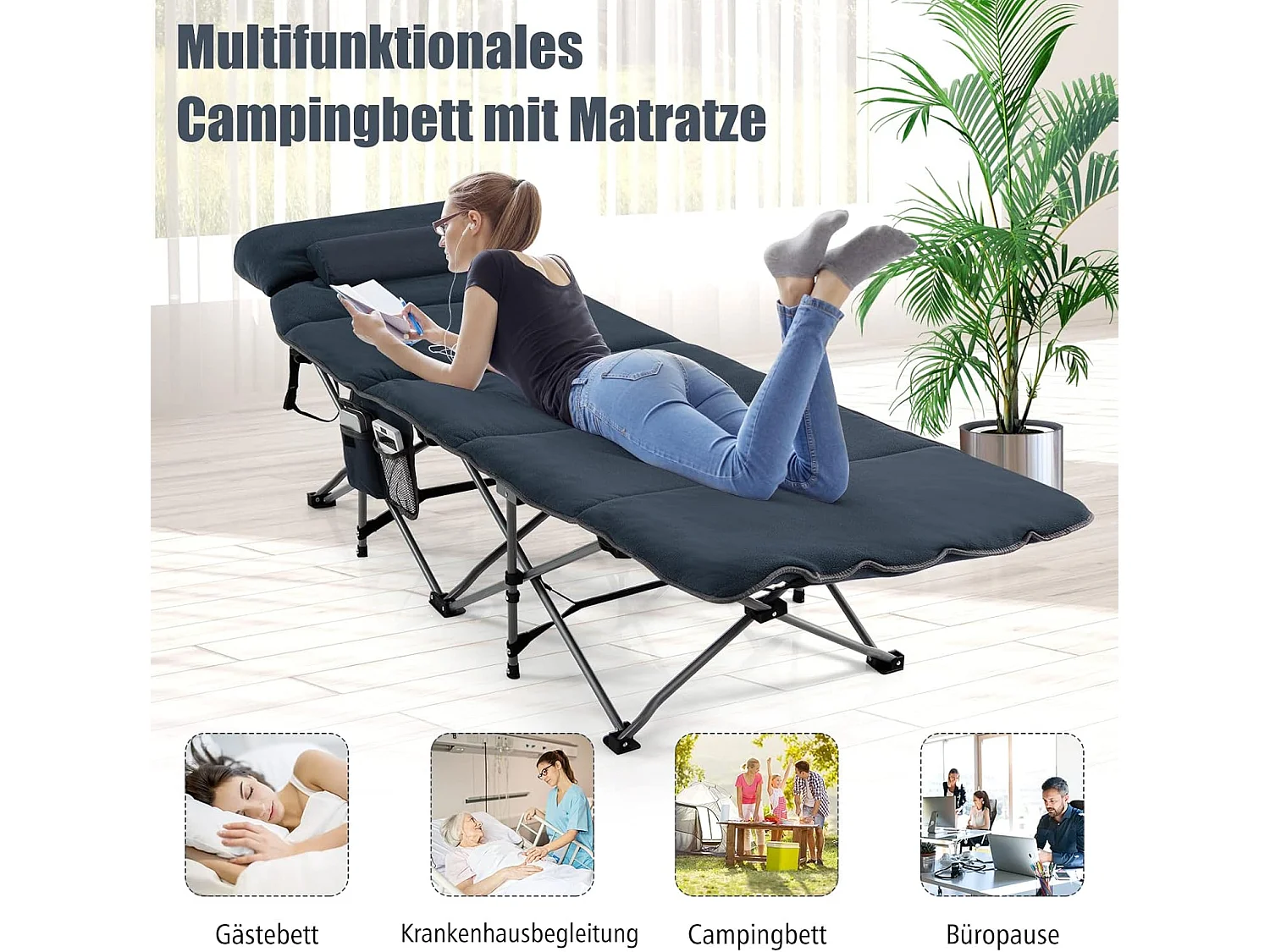 Veldbed, inklapbaar, campingbed met matras, kussen en zijzak, draagbare campingstoel, belastbaar tot 200 kg, incl. draagtas, klapbed voor camping, strand,  ZB32675