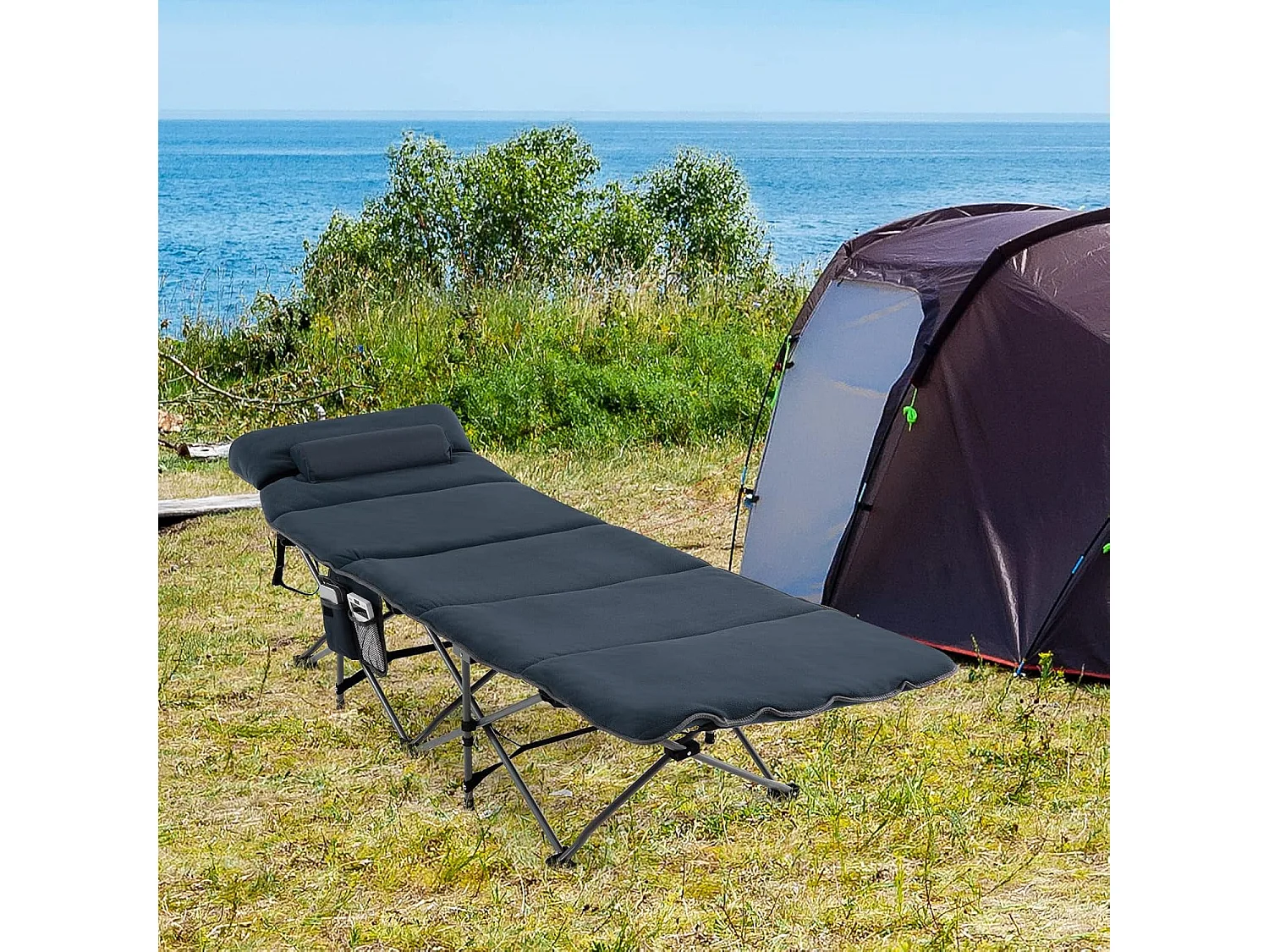 Veldbed, inklapbaar, campingbed met matras, kussen en zijzak, draagbare campingstoel, belastbaar tot 200 kg, incl. draagtas, klapbed voor camping, strand,  ZB32675