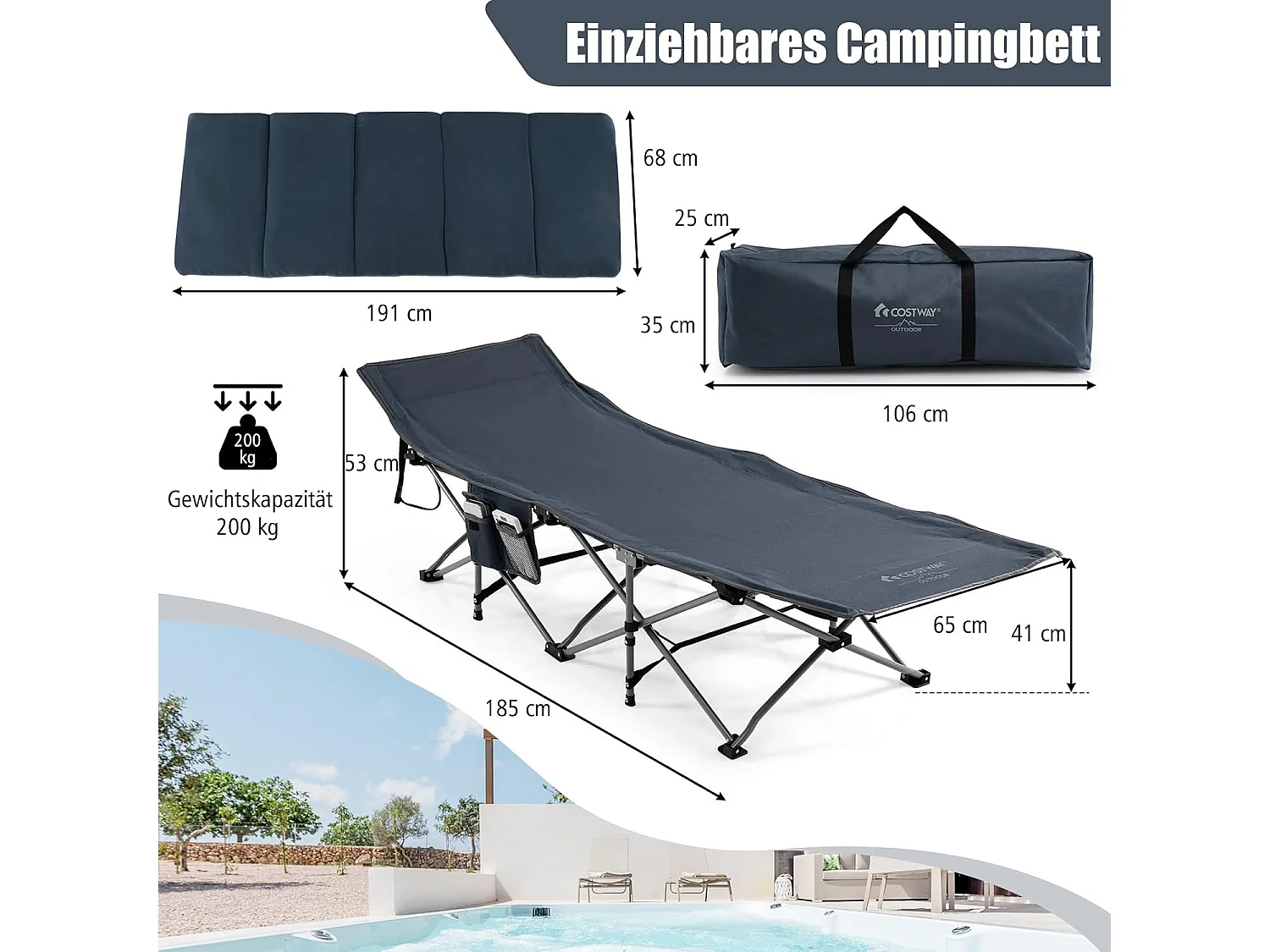 Veldbed, inklapbaar, campingbed met matras, kussen en zijzak, draagbare campingstoel, belastbaar tot 200 kg, incl. draagtas, klapbed voor camping, strand,  ZB32675