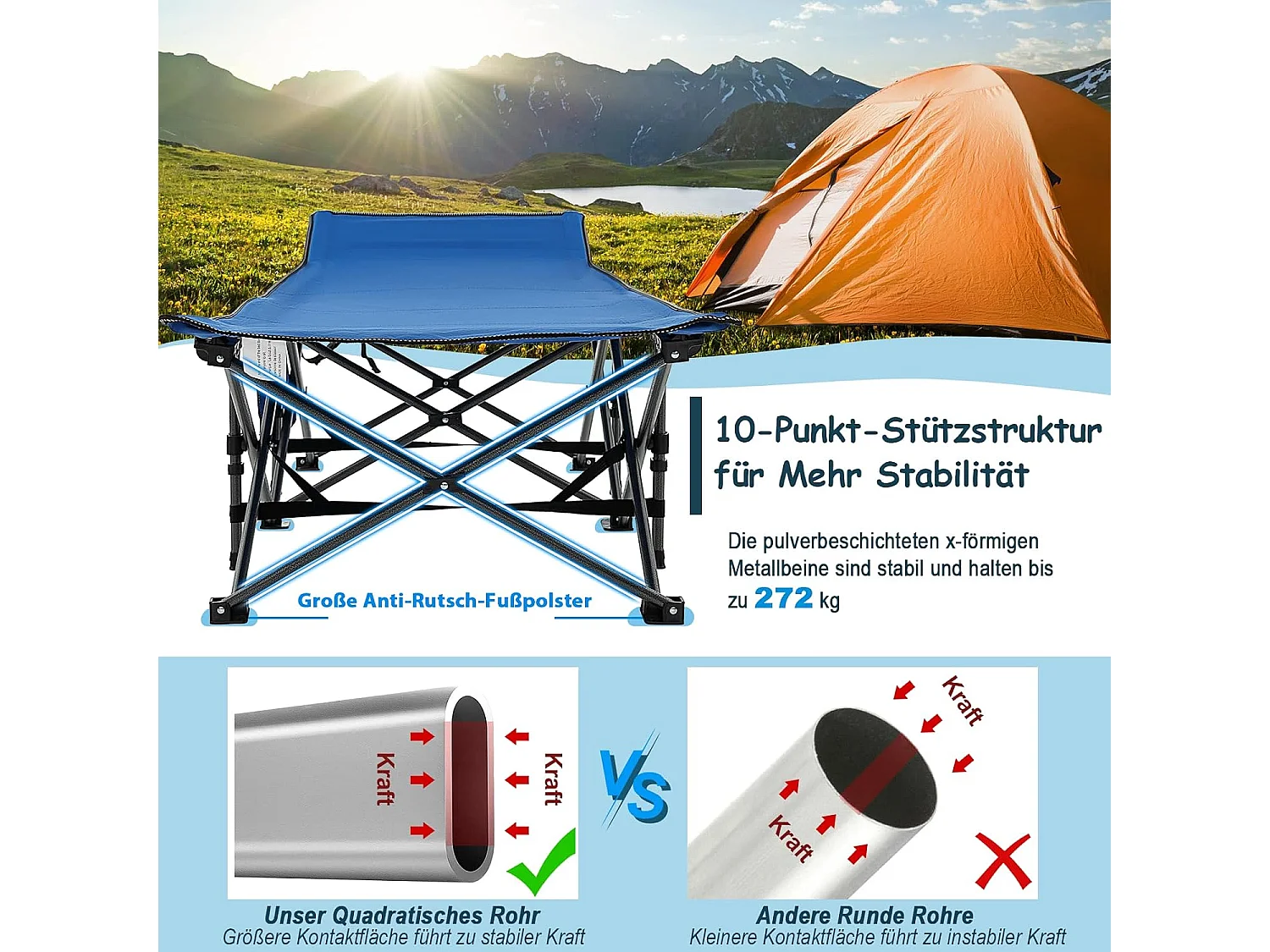 Veldbed met zijzak, tot 272 kg belastbaar, inklapbaar campingbed, campingligstoel, klapbed, reisligstoel, vouwbed voor reizen, indoor, outdoor ZB32012