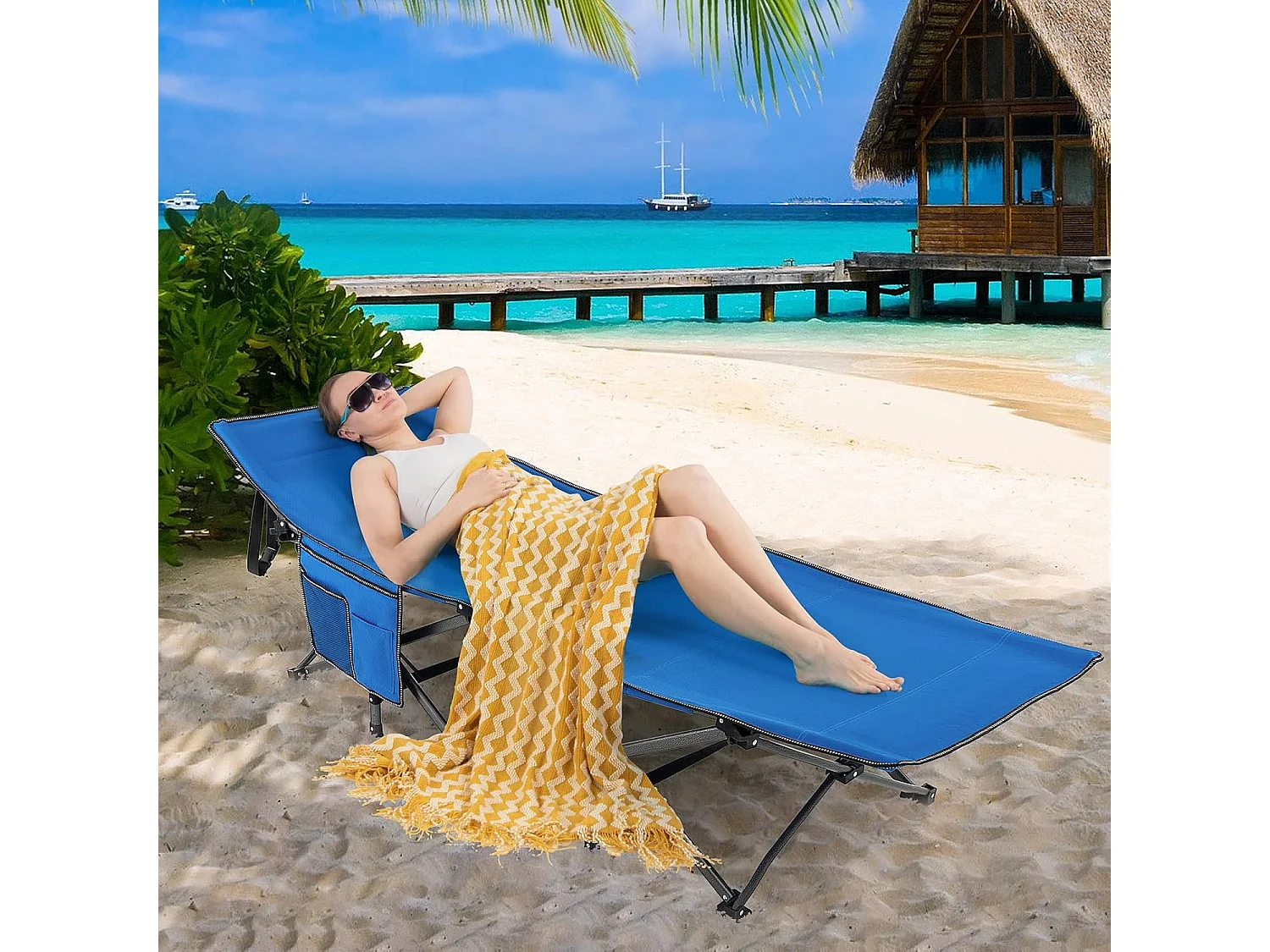 Veldbed met zijzak, tot 272 kg belastbaar, inklapbaar campingbed, campingligstoel, klapbed, reisligstoel, vouwbed voor reizen, indoor, outdoor ZB32012