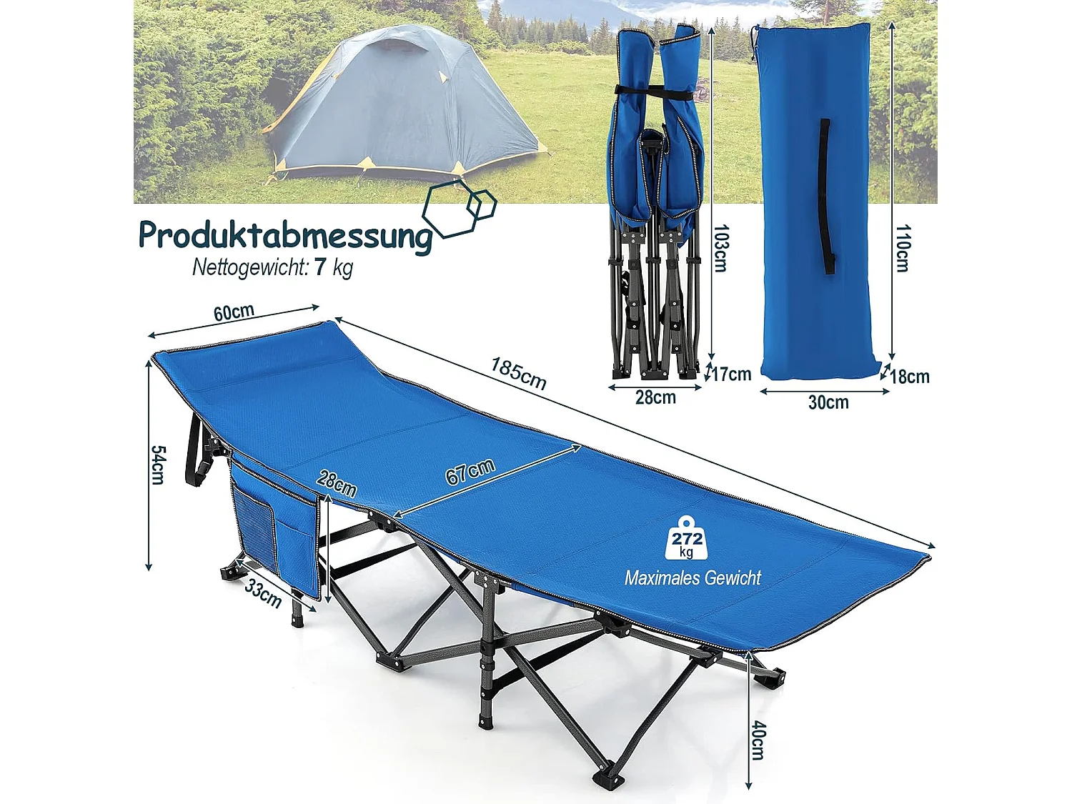 Veldbed met zijzak, tot 272 kg belastbaar, inklapbaar campingbed, campingligstoel, klapbed, reisligstoel, vouwbed voor reizen, indoor, outdoor ZB32012