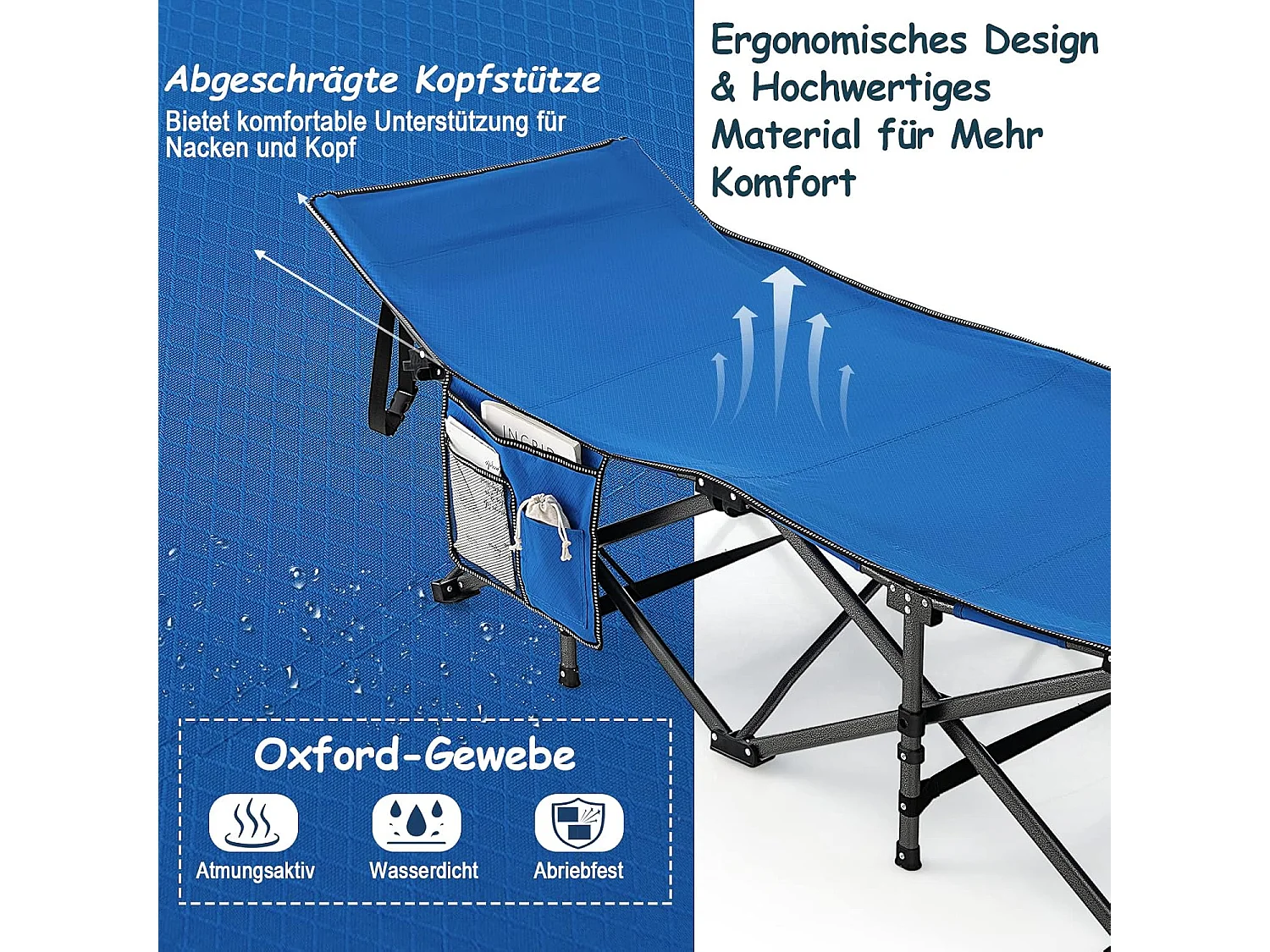 Veldbed met zijzak, tot 272 kg belastbaar, inklapbaar campingbed, campingligstoel, klapbed, reisligstoel, vouwbed voor reizen, indoor, outdoor ZB32012