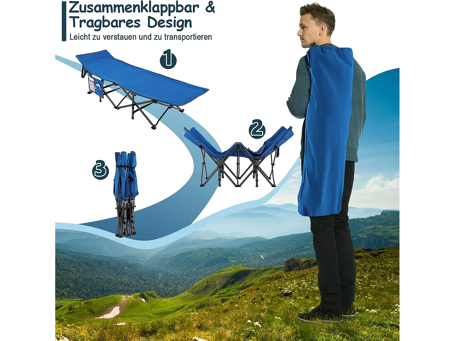 Veldbed met zijzak, tot 272 kg belastbaar, inklapbaar campingbed, campingligstoel, klapbed, reisligstoel, vouwbed voor reizen, indoor, outdoor ZB32012