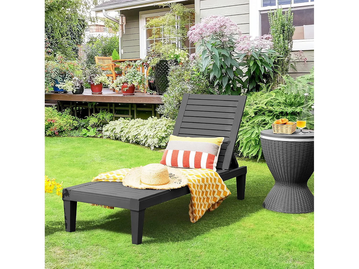 Zonneligstoel, weerbestendig, tuinligstoel met verstelbare rugleuning,balkonligstoel,terrasligstoel in houtlook,ligstoel tot 180 kg belastbaar