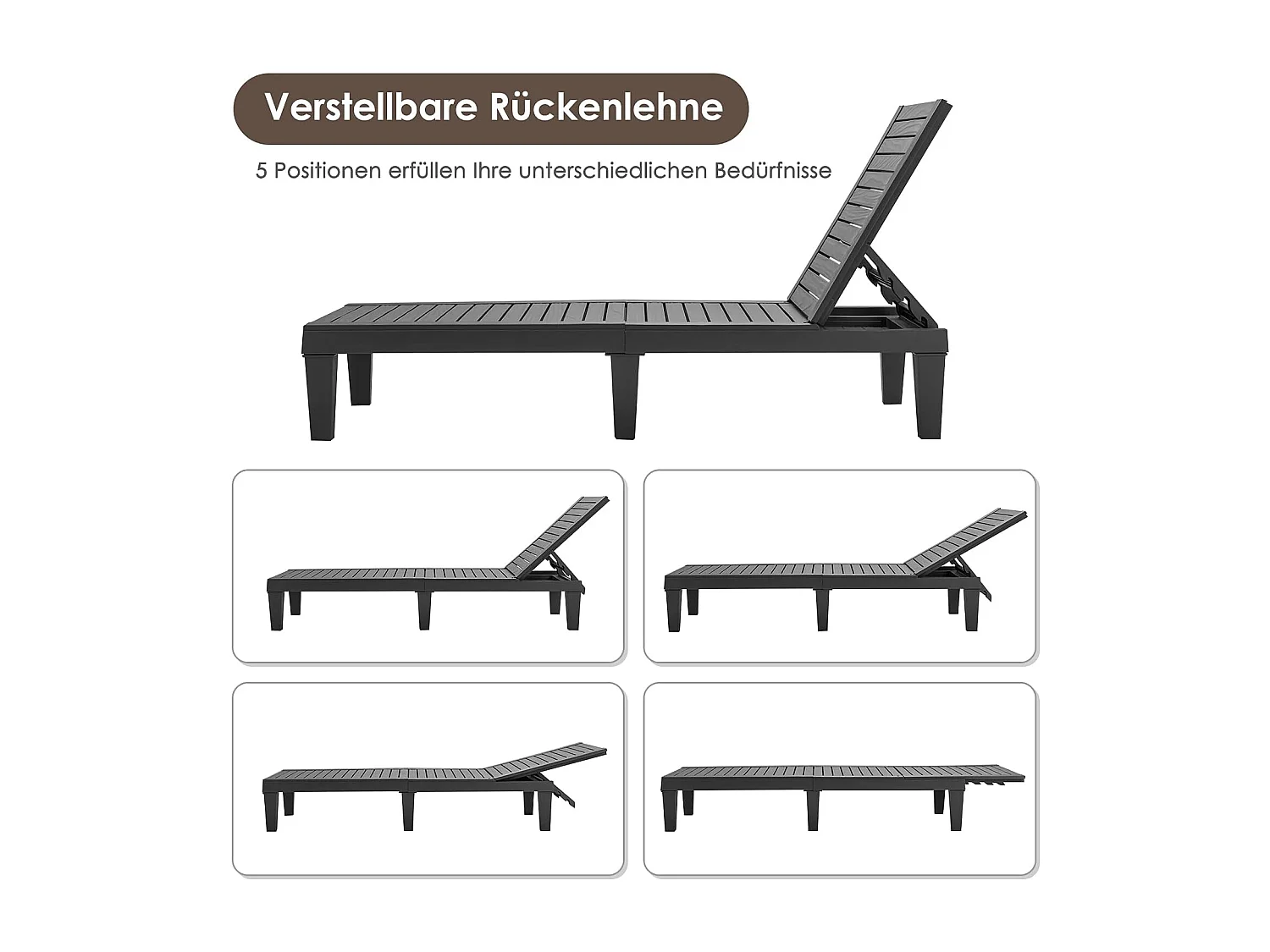 Zonneligstoel, weerbestendig, tuinligstoel met verstelbare rugleuning,balkonligstoel,terrasligstoel in houtlook,ligstoel tot 180 kg belastbaar