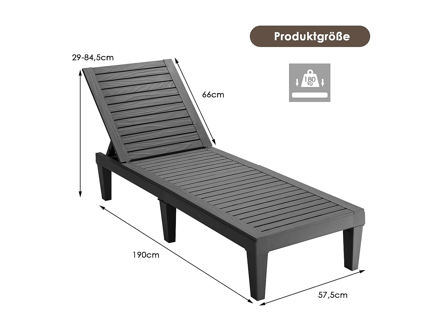 Zonneligstoel, weerbestendig, tuinligstoel met verstelbare rugleuning,balkonligstoel,terrasligstoel in houtlook,ligstoel tot 180 kg belastbaar