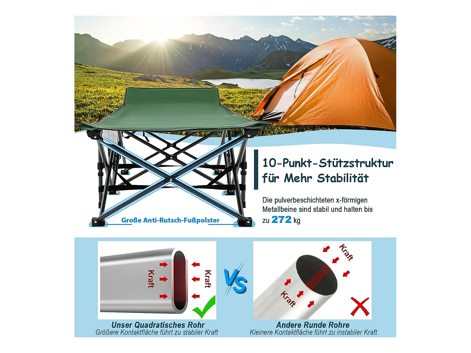 Veldbed met zijvak tot 272 kg belastbaar inklapbaar campingbed campingbed klapbed reisligstoel vouwbed voor reizen indoor outdoor groen ZB32012