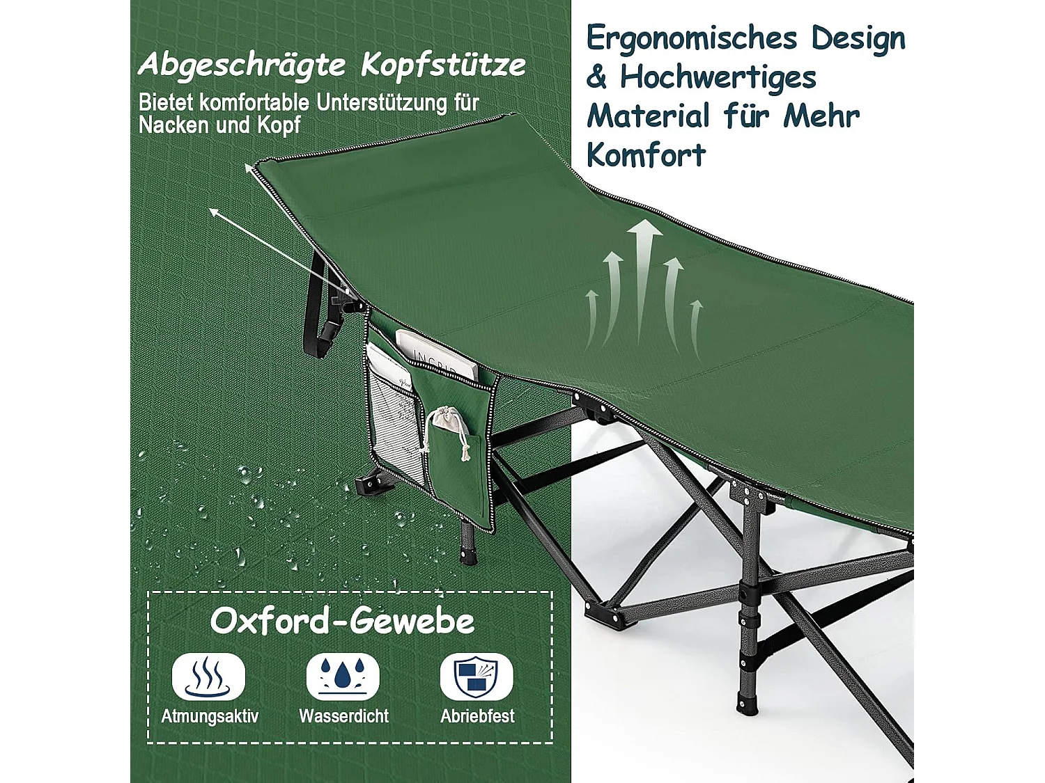Veldbed met zijvak tot 272 kg belastbaar inklapbaar campingbed campingbed klapbed reisligstoel vouwbed voor reizen indoor outdoor groen ZB32012