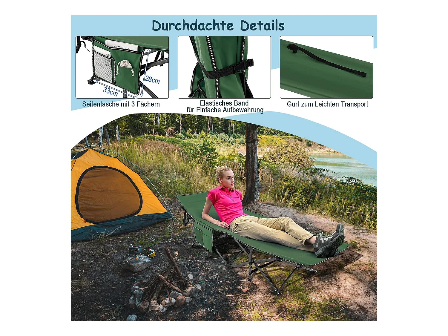 Veldbed met zijvak tot 272 kg belastbaar inklapbaar campingbed campingbed klapbed reisligstoel vouwbed voor reizen indoor outdoor groen ZB32012