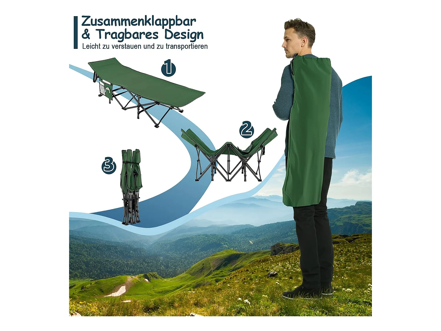 Veldbed met zijvak tot 272 kg belastbaar inklapbaar campingbed campingbed klapbed reisligstoel vouwbed voor reizen indoor outdoor groen ZB32012