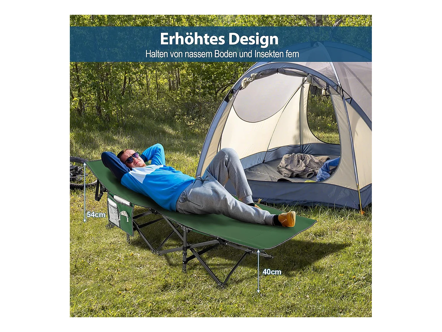 Veldbed met zijvak tot 272 kg belastbaar inklapbaar campingbed campingbed klapbed reisligstoel vouwbed voor reizen indoor outdoor groen ZB32012
