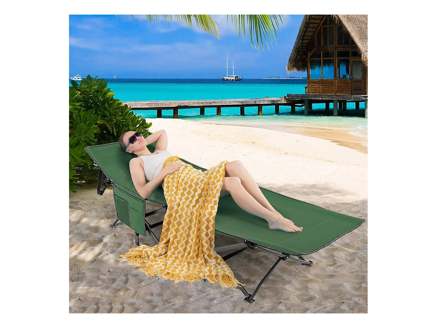 Veldbed met zijvak tot 272 kg belastbaar inklapbaar campingbed campingbed klapbed reisligstoel vouwbed voor reizen indoor outdoor groen ZB32012