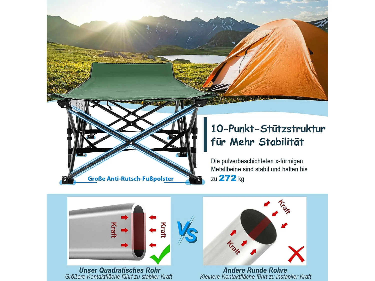 Veldbed met zijvak tot 272 kg belastbaar inklapbaar campingbed campingbed klapbed reisligstoel vouwbed voor reizen indoor outdoor groen ZB32012