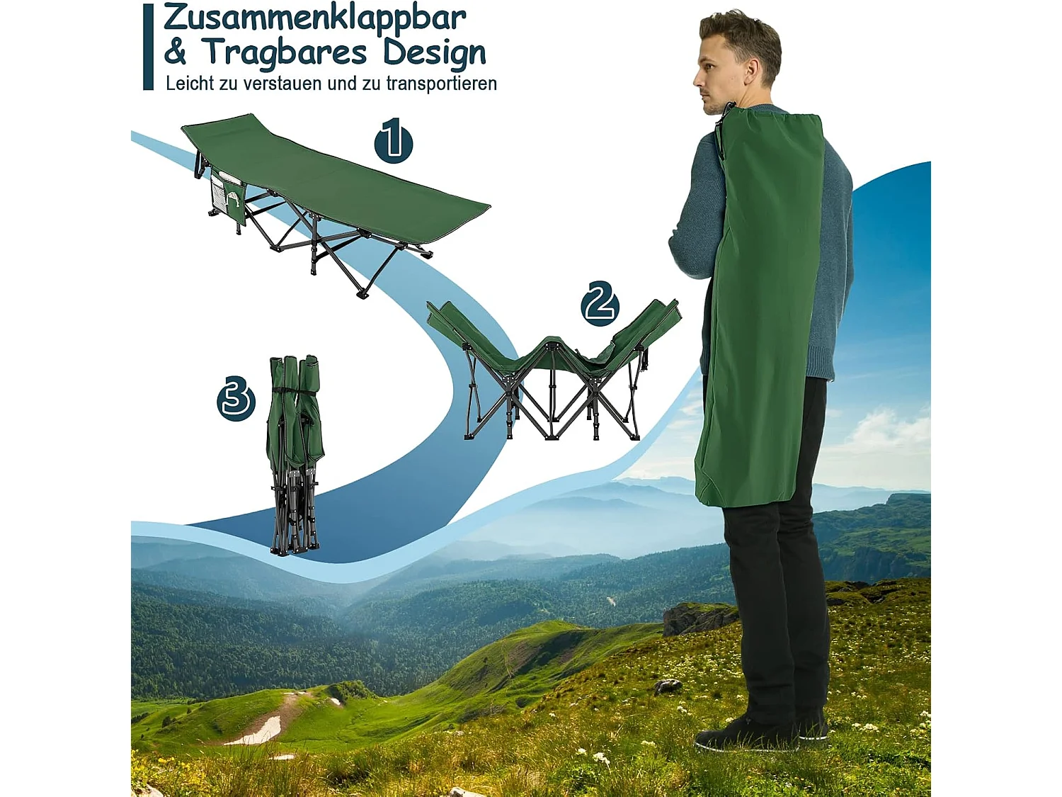 Veldbed met zijvak tot 272 kg belastbaar inklapbaar campingbed campingbed klapbed reisligstoel vouwbed voor reizen indoor outdoor groen ZB32012