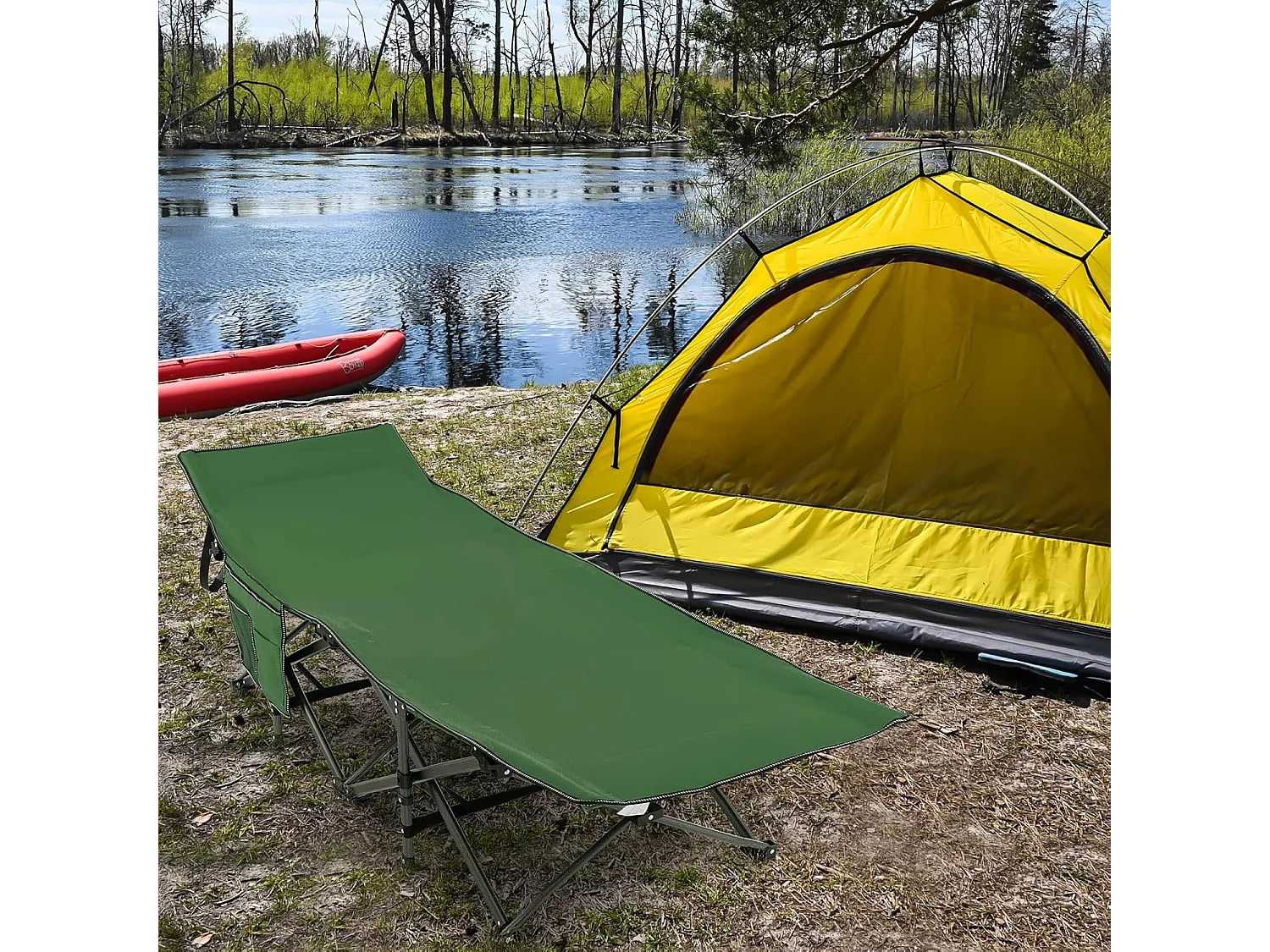 Veldbed met zijvak tot 272 kg belastbaar inklapbaar campingbed campingbed klapbed reisligstoel vouwbed voor reizen indoor outdoor groen ZB32012