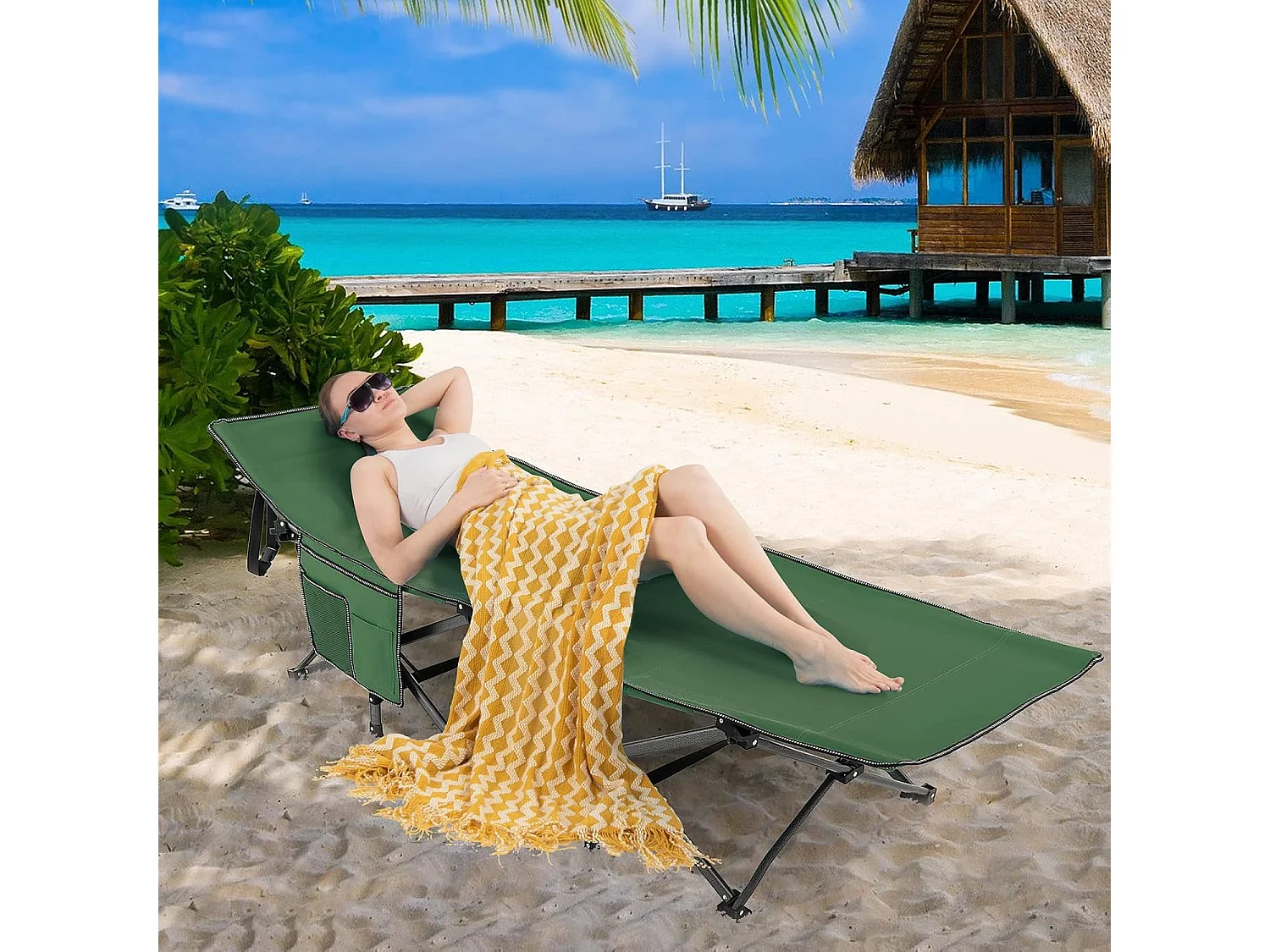 Veldbed met zijvak tot 272 kg belastbaar inklapbaar campingbed campingbed klapbed reisligstoel vouwbed voor reizen indoor outdoor groen ZB32012