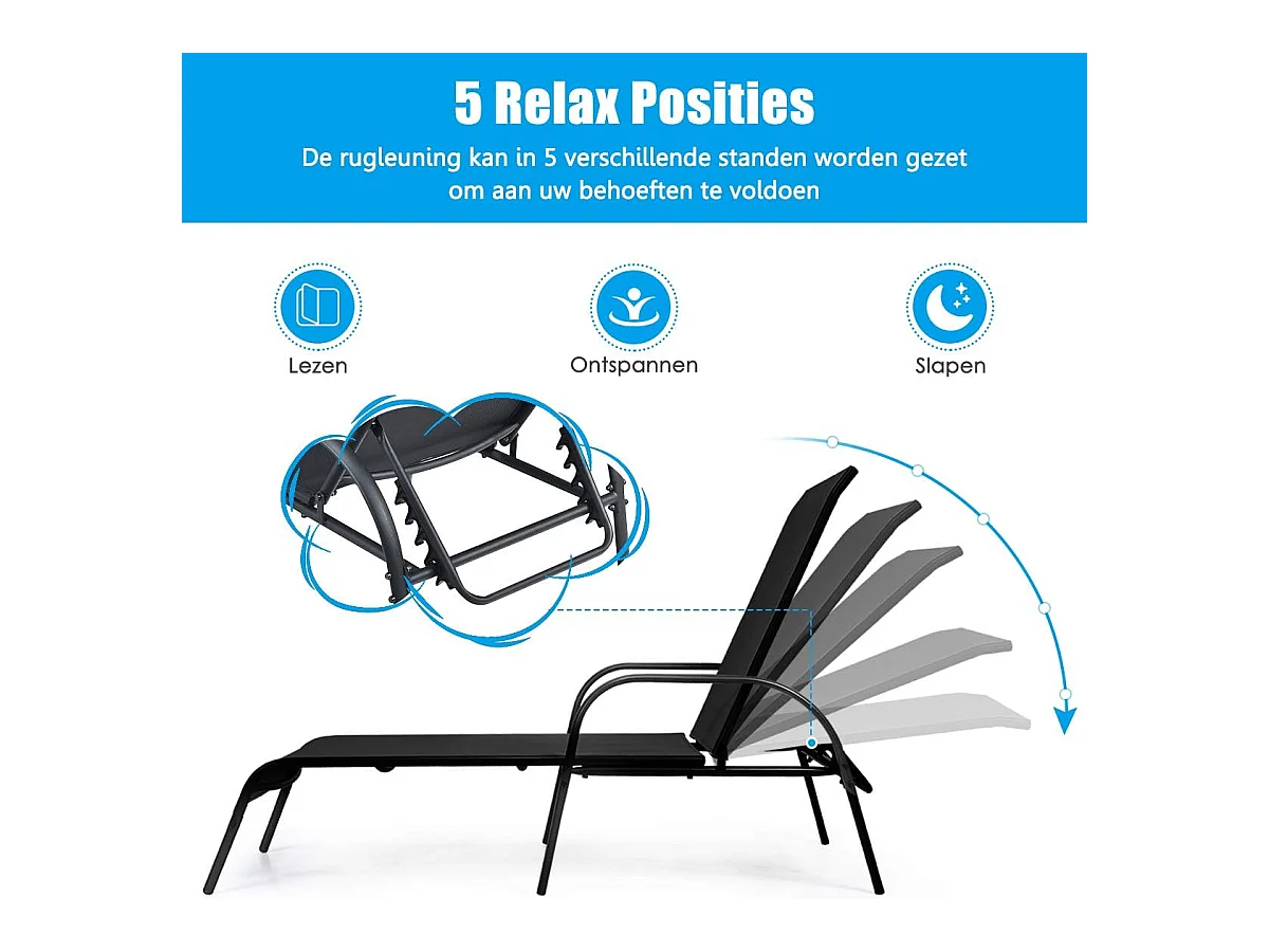 Ligstoel, tuinstoel met 5 instelbare rugleuningposities,ligstoel,tuinstoel, weerbestendig, relaxstoel voor terras, tuin en bij het zwembadAB92720