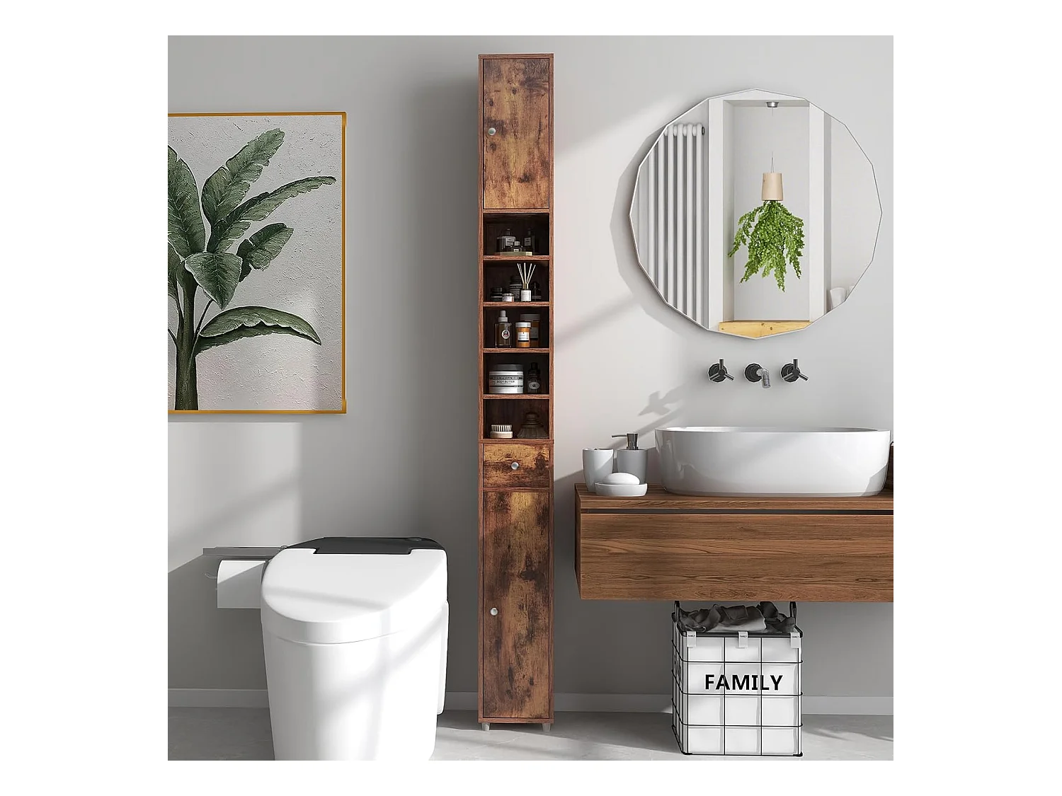 Badkamerkast, hoge smalle kast, badkamerkast met 2 deuren, ruimtebesparende kast voor badkamer, woonkamer, keuken, 20 x 20 x 180 cm (wit)VH32988