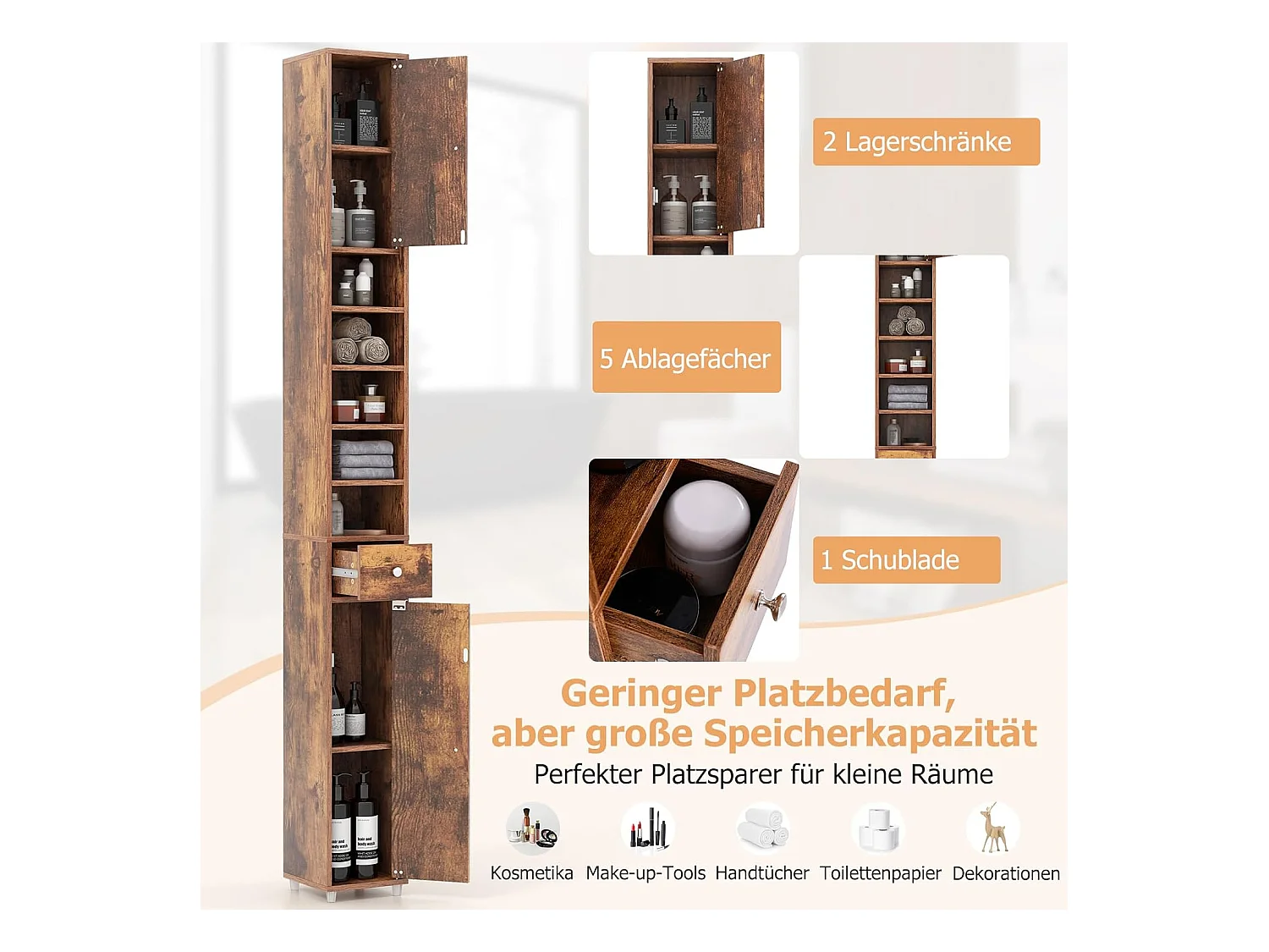 Badkamerkast, hoge smalle kast, badkamerkast met 2 deuren, ruimtebesparende kast voor badkamer, woonkamer, keuken, 20 x 20 x 180 cm (wit)VH32988