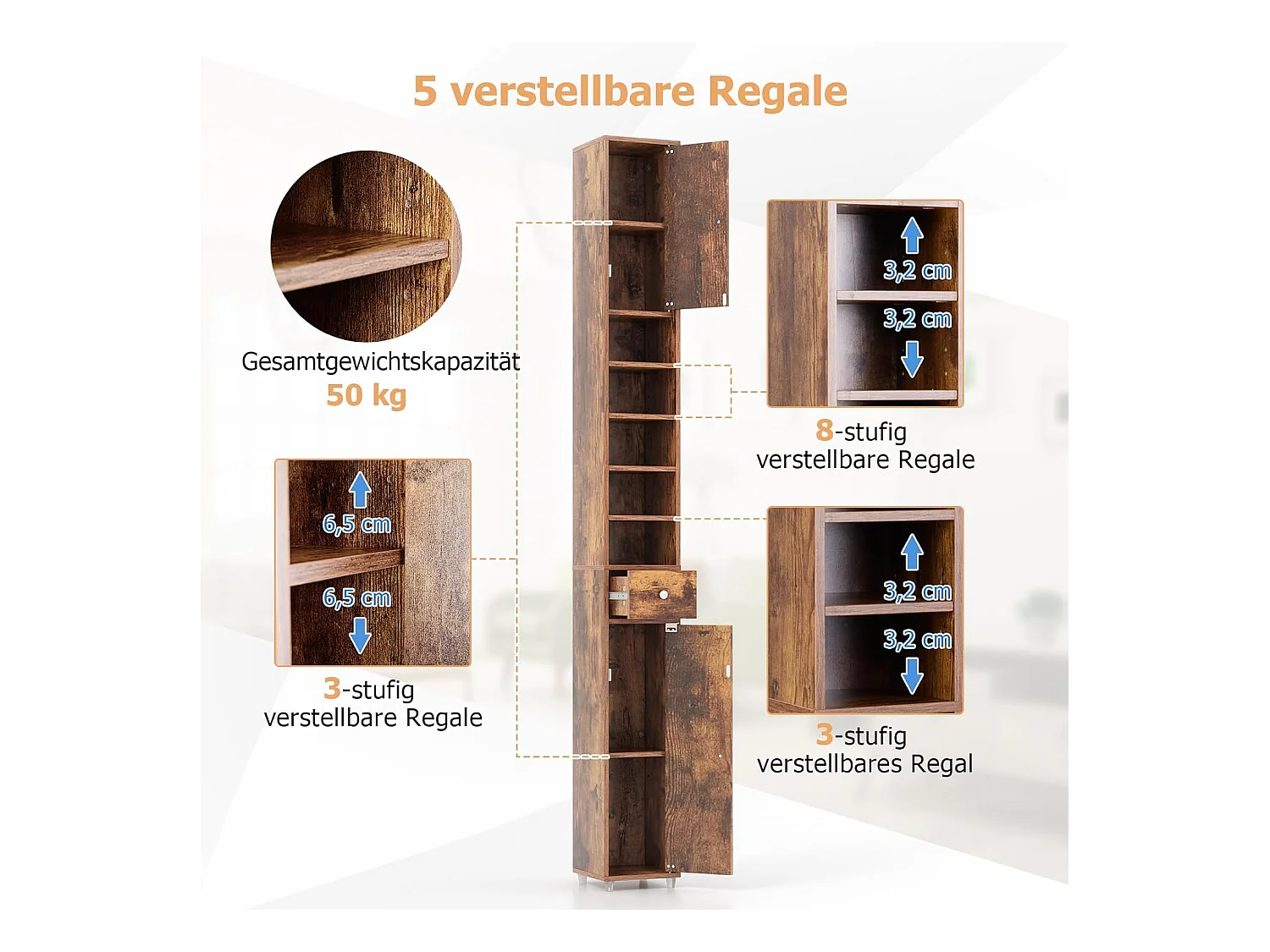 Badkamerkast, hoge smalle kast, badkamerkast met 2 deuren, ruimtebesparende kast voor badkamer, woonkamer, keuken, 20 x 20 x 180 cm (wit)VH32988