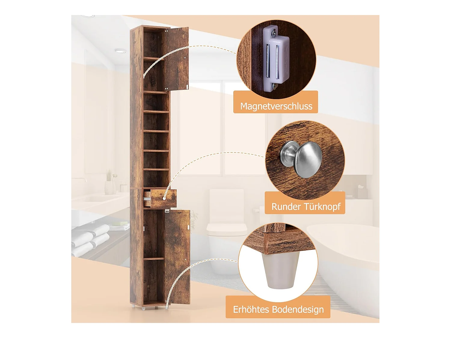 Badkamerkast, hoge smalle kast, badkamerkast met 2 deuren, ruimtebesparende kast voor badkamer, woonkamer, keuken, 20 x 20 x 180 cm (wit)VH32988