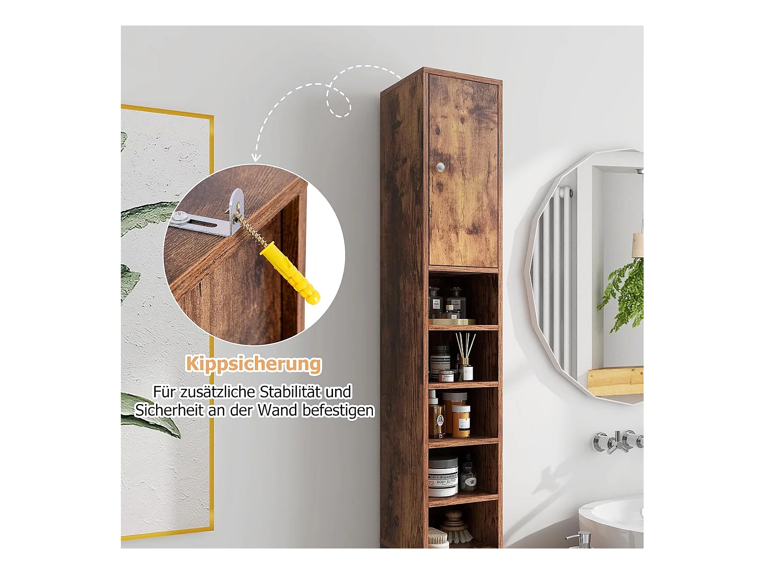 Badkamerkast, hoge smalle kast, badkamerkast met 2 deuren, ruimtebesparende kast voor badkamer, woonkamer, keuken, 20 x 20 x 180 cm (wit)VH32988