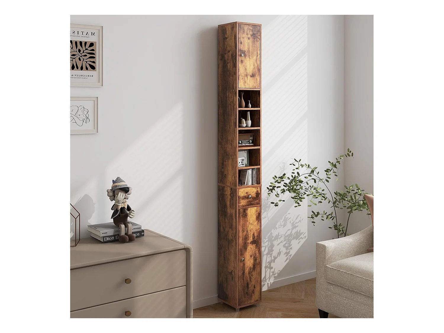 Badkamerkast, hoge smalle kast, badkamerkast met 2 deuren, ruimtebesparende kast voor badkamer, woonkamer, keuken, 20 x 20 x 180 cm (wit)VH32988