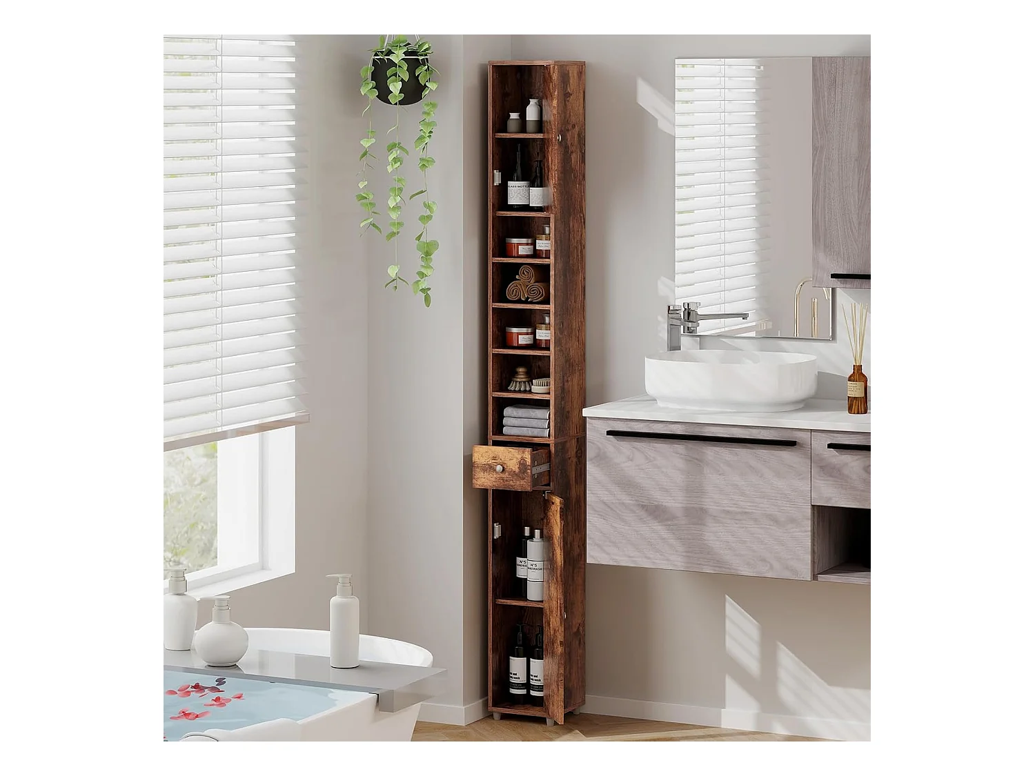 Badkamerkast, hoge smalle kast, badkamerkast met 2 deuren, ruimtebesparende kast voor badkamer, woonkamer, keuken, 20 x 20 x 180 cm (wit)VH32988