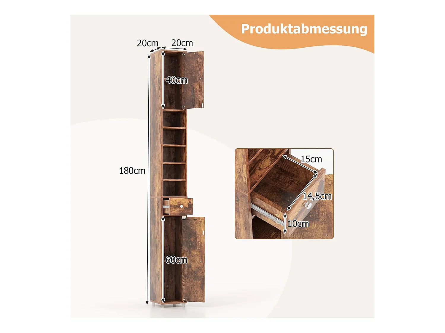 Badkamerkast, hoge smalle kast, badkamerkast met 2 deuren, ruimtebesparende kast voor badkamer, woonkamer, keuken, 20 x 20 x 180 cm (wit)VH32988