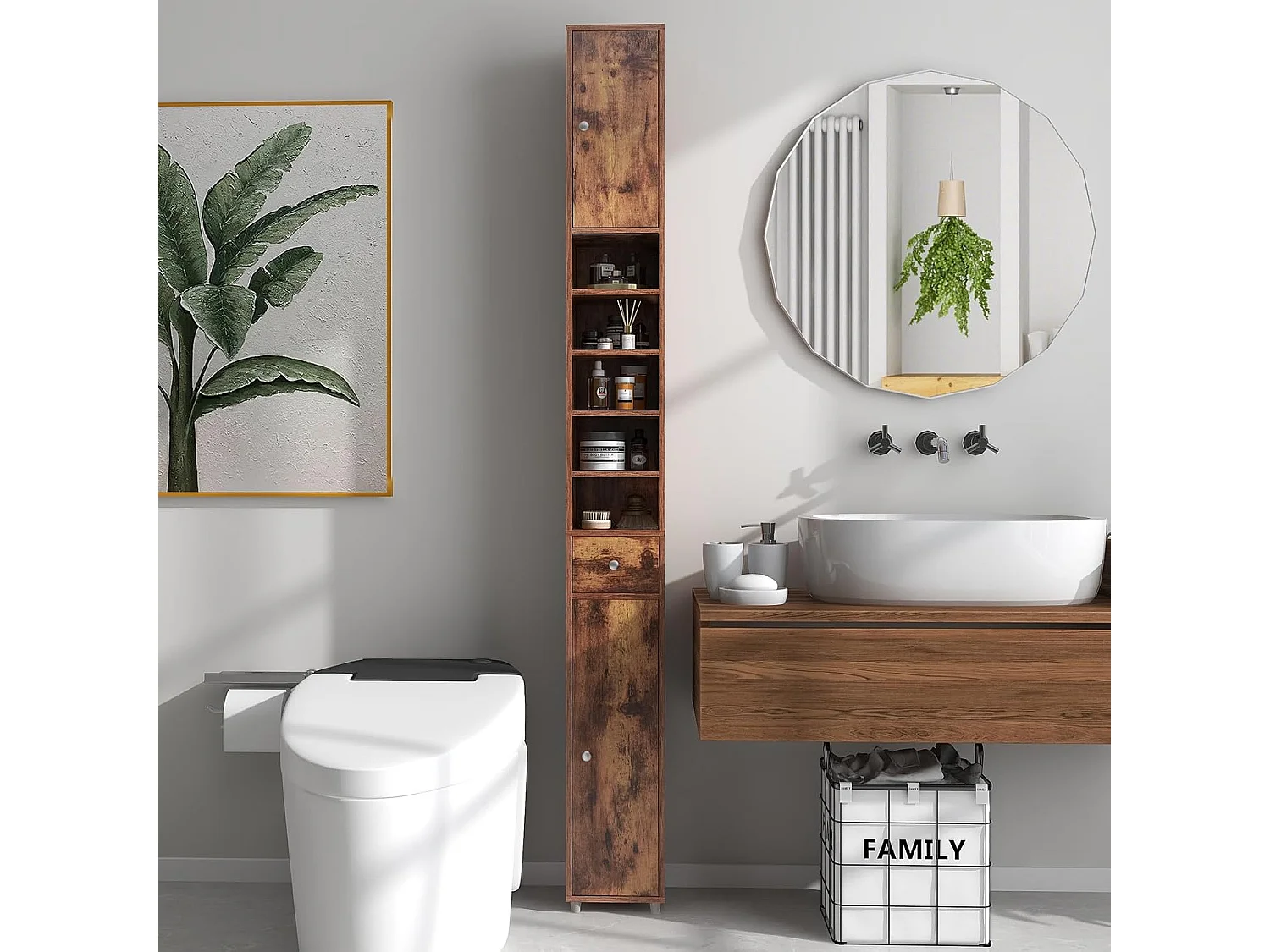 Badkamerkast, hoge smalle kast, badkamerkast met 2 deuren, ruimtebesparende kast voor badkamer, woonkamer, keuken, 20 x 20 x 180 cm (wit)VH32988