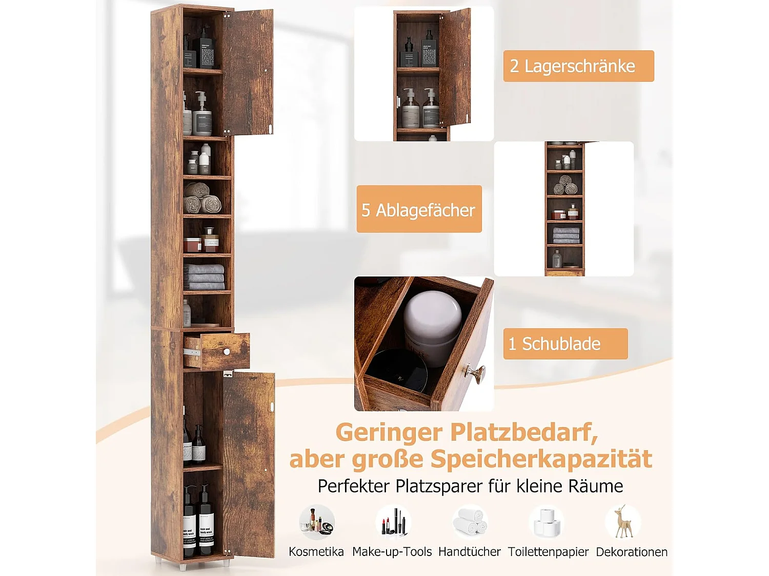 Badkamerkast, hoge smalle kast, badkamerkast met 2 deuren, ruimtebesparende kast voor badkamer, woonkamer, keuken, 20 x 20 x 180 cm (wit)VH32988