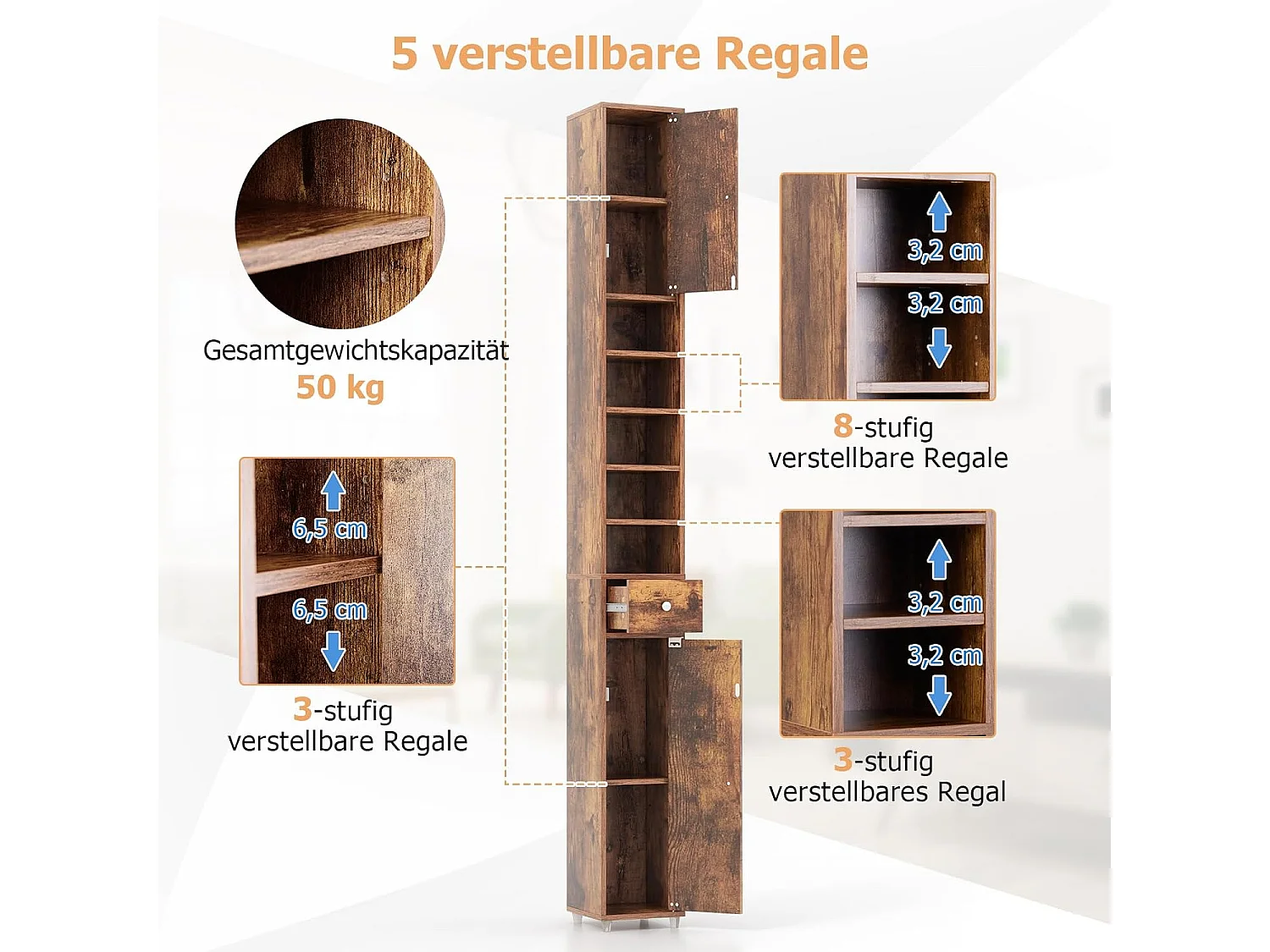 Badkamerkast, hoge smalle kast, badkamerkast met 2 deuren, ruimtebesparende kast voor badkamer, woonkamer, keuken, 20 x 20 x 180 cm (wit)VH32988