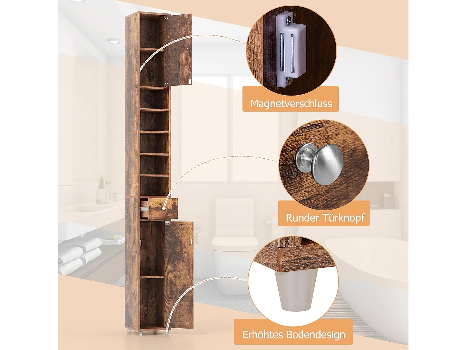 Badkamerkast, hoge smalle kast, badkamerkast met 2 deuren, ruimtebesparende kast voor badkamer, woonkamer, keuken, 20 x 20 x 180 cm (wit)VH32988