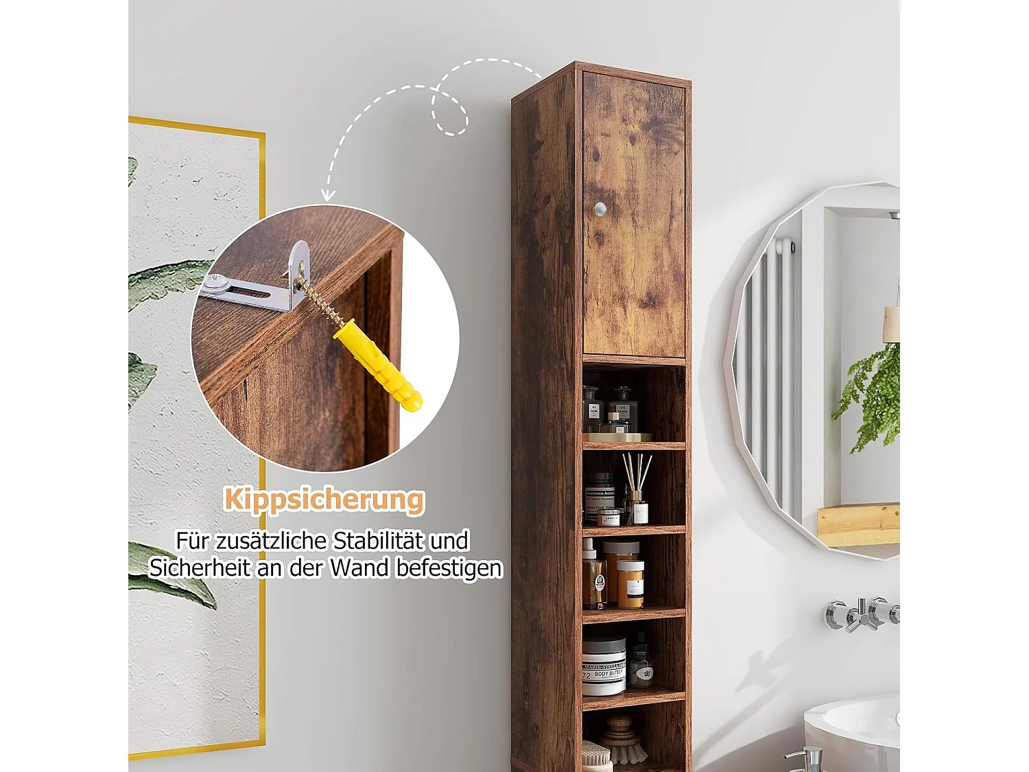 Badkamerkast, hoge smalle kast, badkamerkast met 2 deuren, ruimtebesparende kast voor badkamer, woonkamer, keuken, 20 x 20 x 180 cm (wit)VH32988