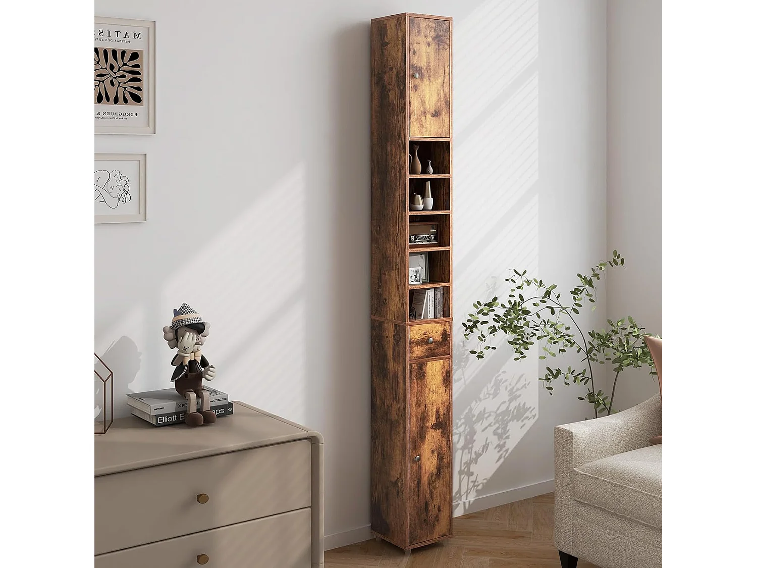 Badkamerkast, hoge smalle kast, badkamerkast met 2 deuren, ruimtebesparende kast voor badkamer, woonkamer, keuken, 20 x 20 x 180 cm (wit)VH32988