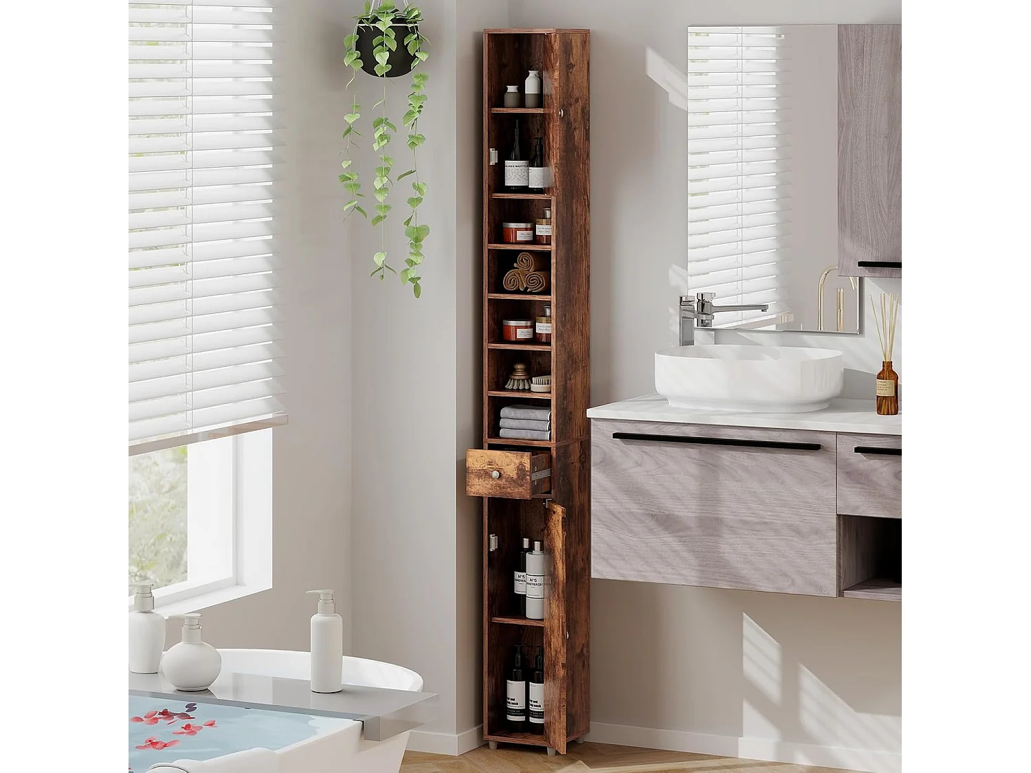 Badkamerkast, hoge smalle kast, badkamerkast met 2 deuren, ruimtebesparende kast voor badkamer, woonkamer, keuken, 20 x 20 x 180 cm (wit)VH32988