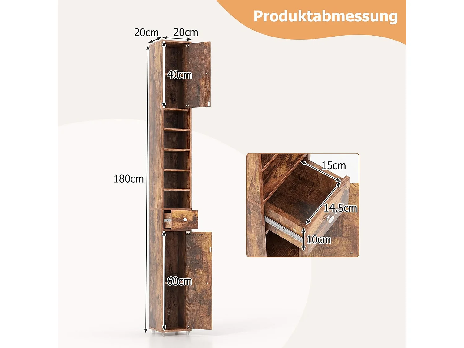 Badkamerkast, hoge smalle kast, badkamerkast met 2 deuren, ruimtebesparende kast voor badkamer, woonkamer, keuken, 20 x 20 x 180 cm (wit)VH32988