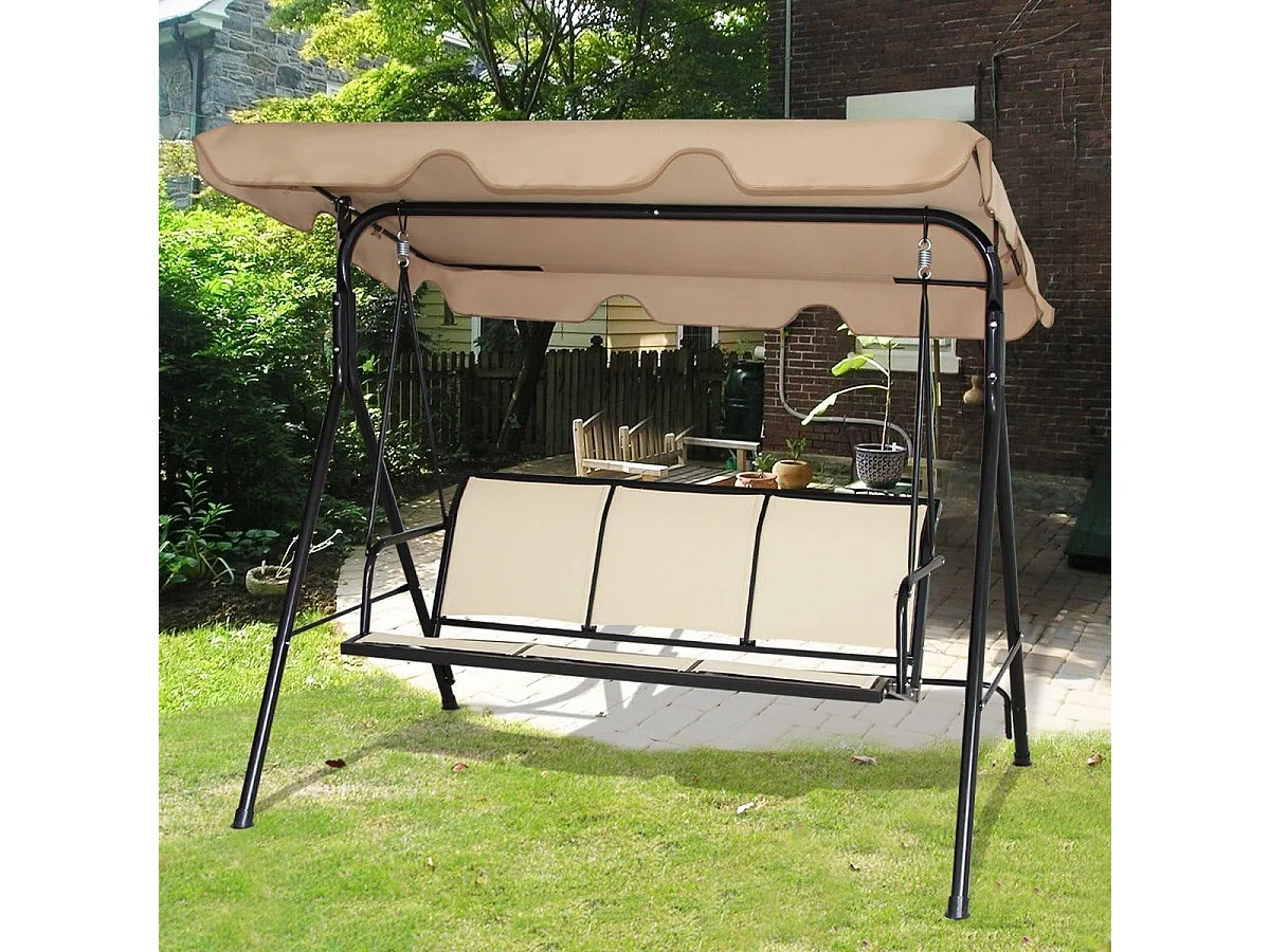 3-zits schommelbank, weerbestendige tuinschommel met verstelbare luifel,schommel voor tuin, patio,zwembad,balkon,210kg belastbaar (Beige)AB92614