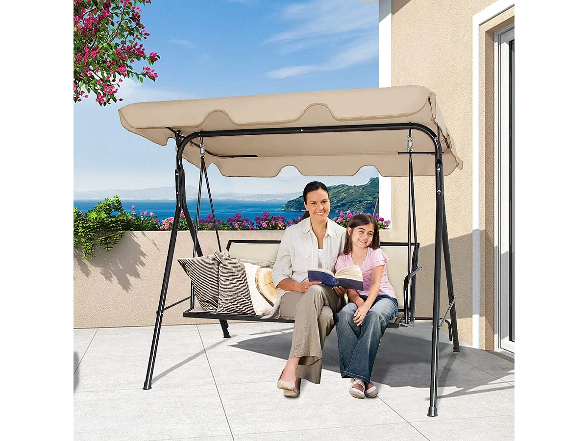 3-zits schommelbank, weerbestendige tuinschommel met verstelbare luifel,schommel voor tuin, patio,zwembad,balkon,210kg belastbaar (Beige)AB92614