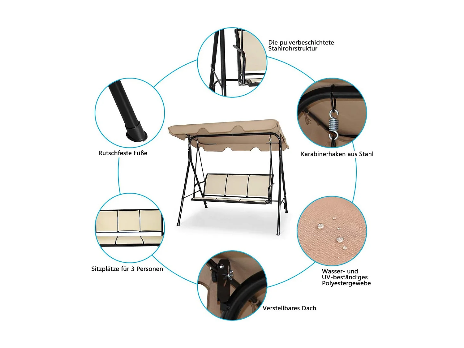 3-zits schommelbank, weerbestendige tuinschommel met verstelbare luifel,schommel voor tuin, patio,zwembad,balkon,210kg belastbaar (Beige)AB92614