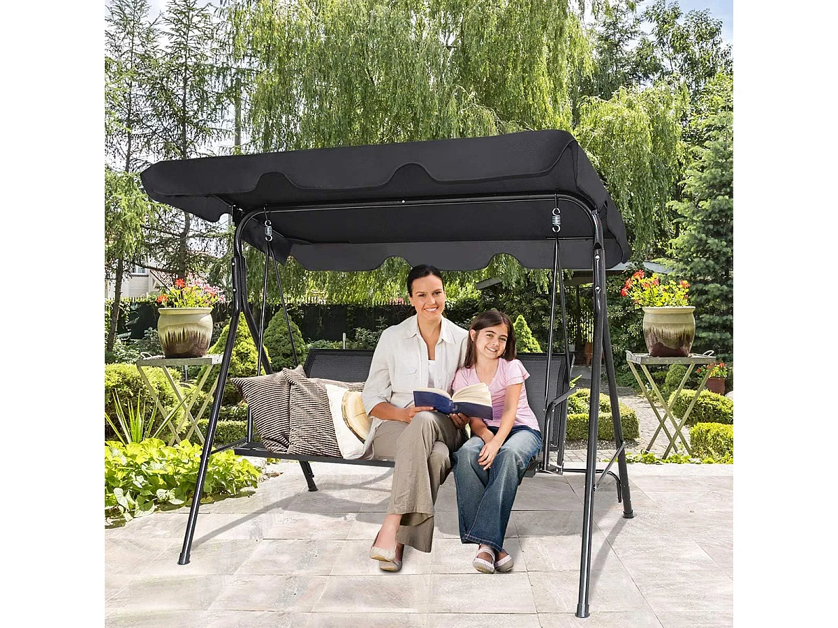 Schommelbank tuinschommel schommelbank ligstoel met zonnedak 3-zits (zwart)AB92614