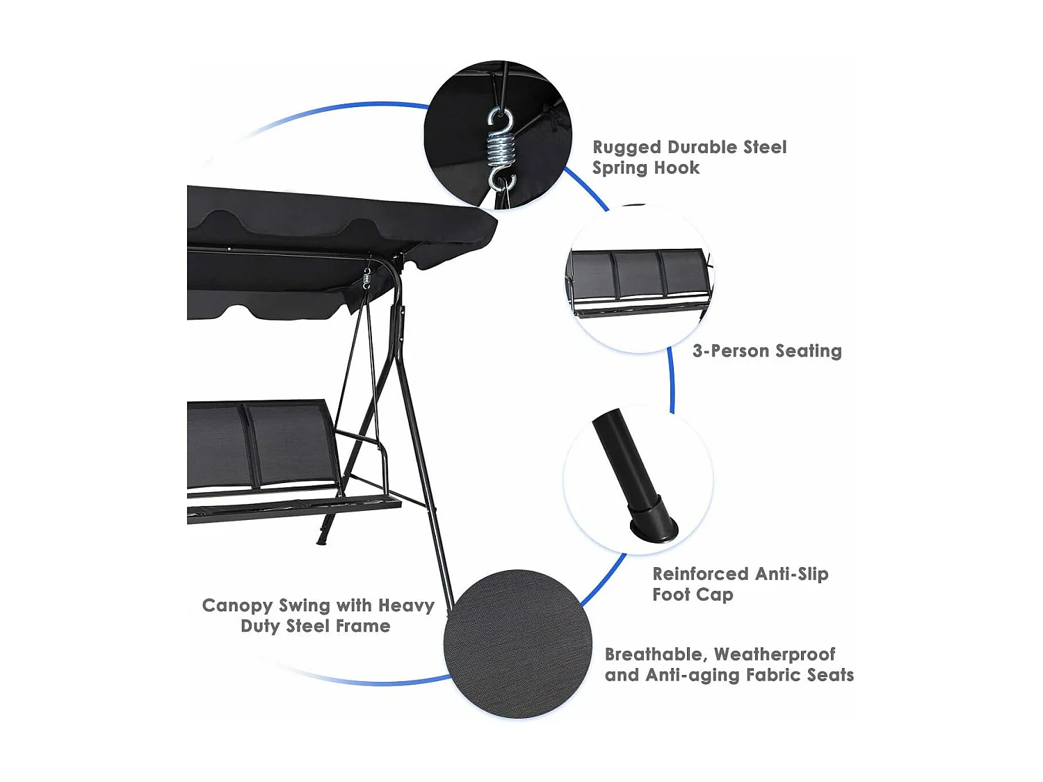 Schommelbank tuinschommel schommelbank ligstoel met zonnedak 3-zits (zwart)AB92614