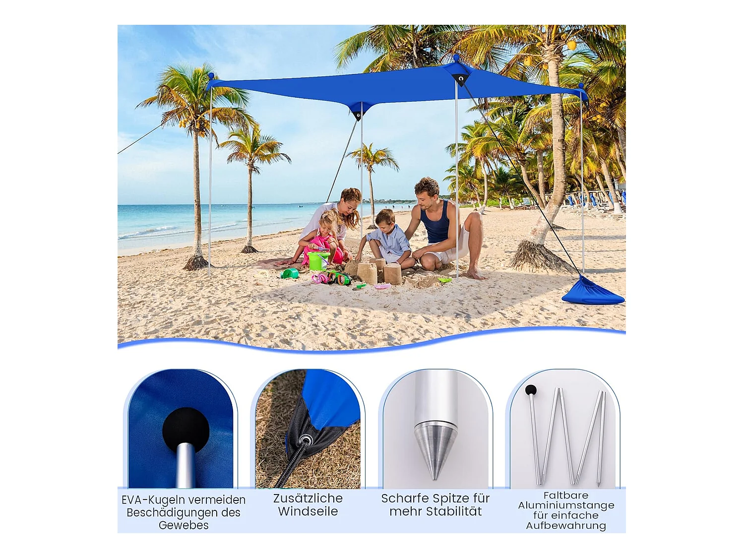 Strandtent 300 x 300 cm, UPF 50+, zonnetent met zandankers, draagbare zonwering, zonnedak voor strand, vissen, picknick (blauw)ZB33851