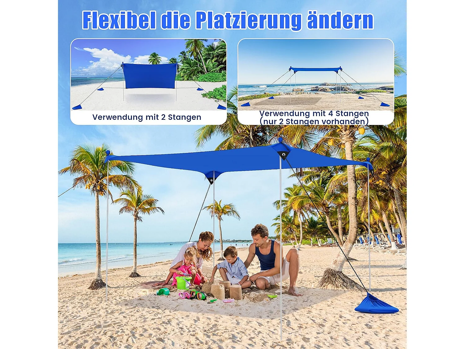 Strandtent 300 x 300 cm, UPF 50+, zonnetent met zandankers, draagbare zonwering, zonnedak voor strand, vissen, picknick (blauw)ZB33851