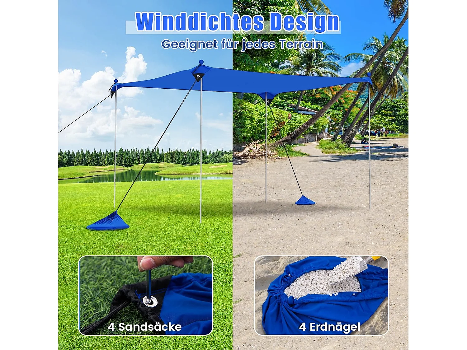 Strandtent 300 x 300 cm, UPF 50+, zonnetent met zandankers, draagbare zonwering, zonnedak voor strand, vissen, picknick (blauw)ZB33851