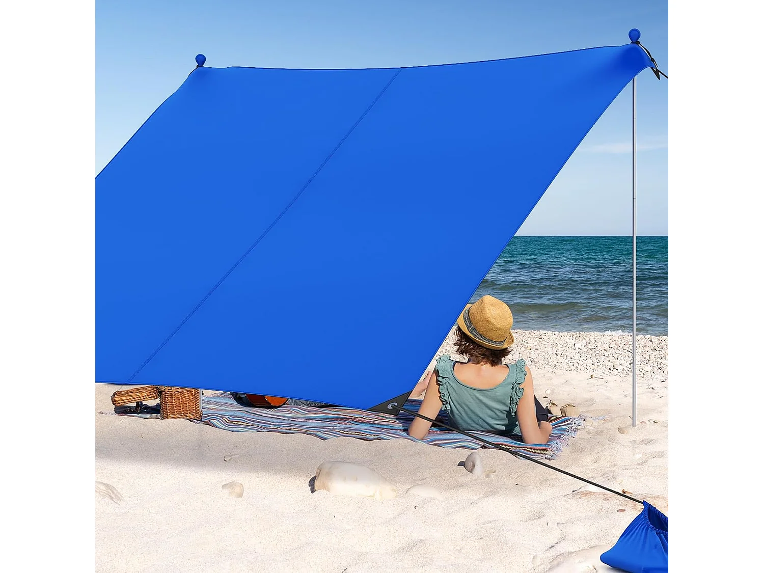 Strandtent 300 x 300 cm, UPF 50+, zonnetent met zandankers, draagbare zonwering, zonnedak voor strand, vissen, picknick (blauw)ZB33851