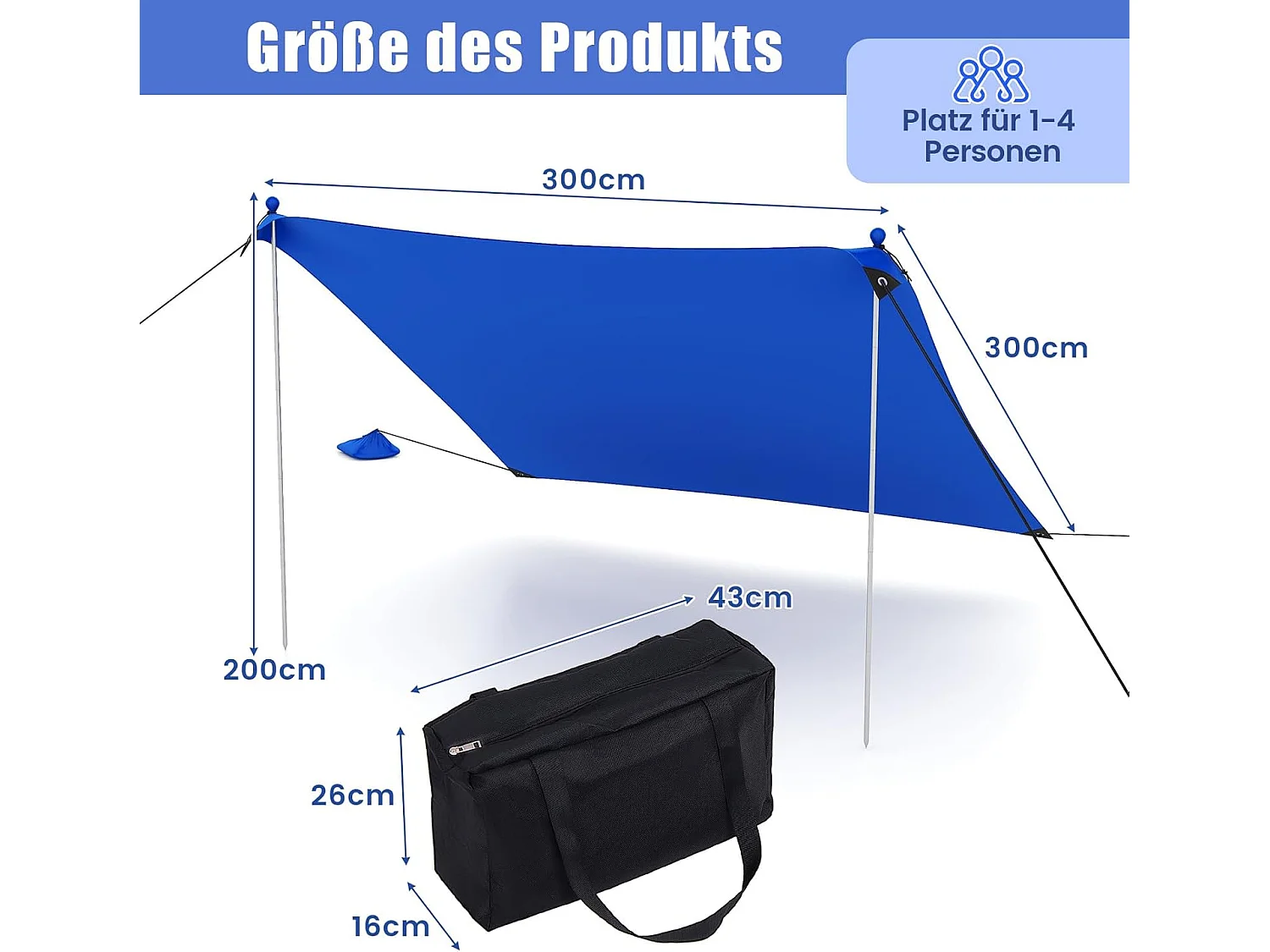 Strandtent 300 x 300 cm, UPF 50+, zonnetent met zandankers, draagbare zonwering, zonnedak voor strand, vissen, picknick (blauw)ZB33851