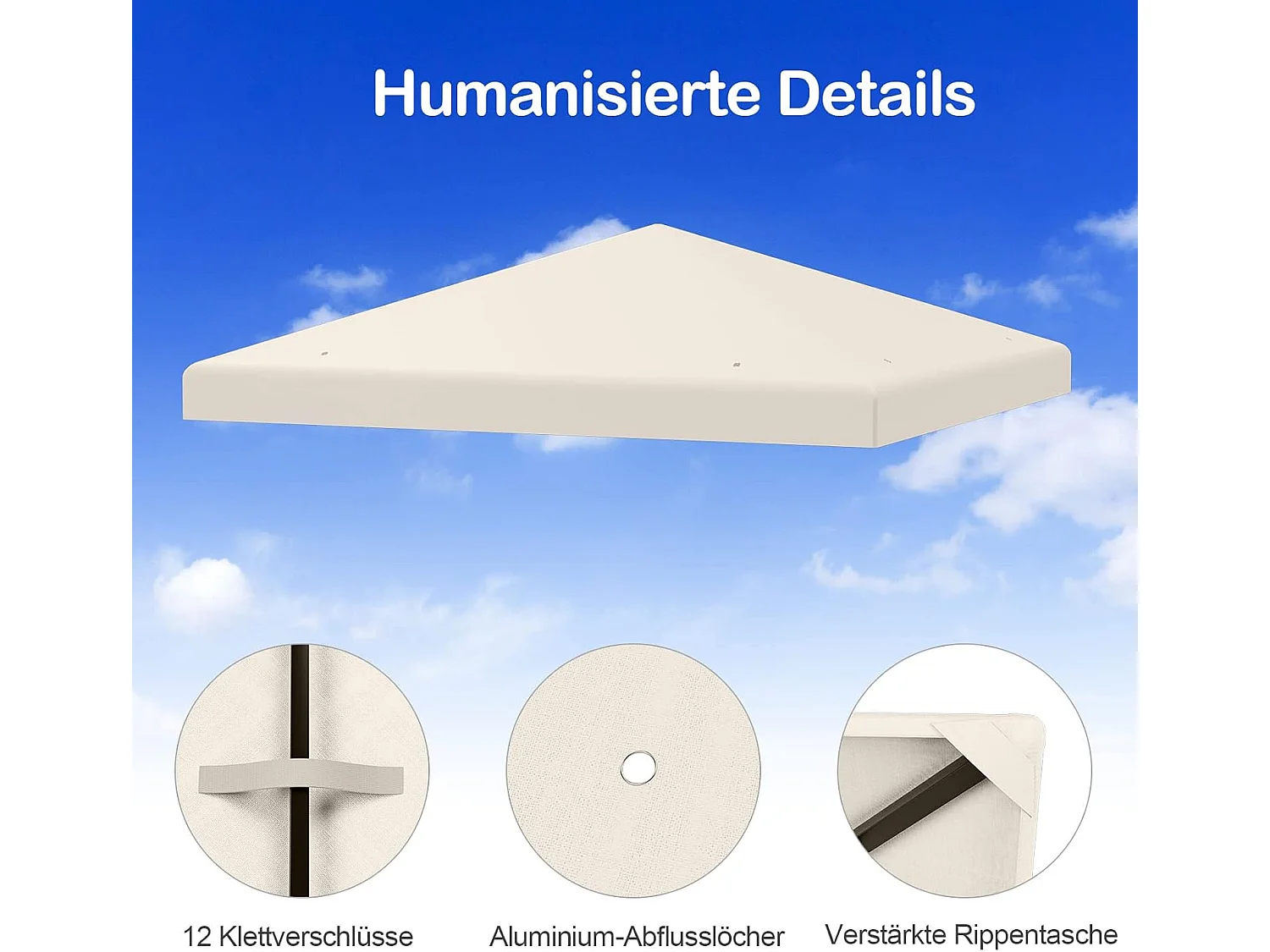 3 x 3 m reservedak voor tuinpaviljoen, paviljoendak, vervangende hoes met afvoergaten en klittenband (beige)ZB32749