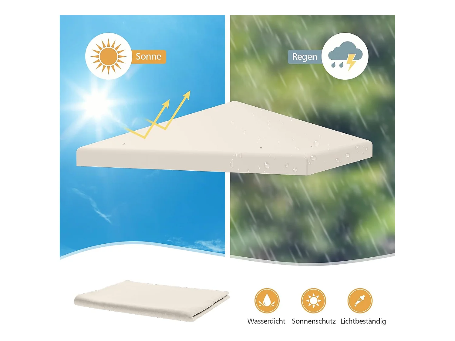 3 x 3 m reservedak voor tuinpaviljoen, paviljoendak, vervangende hoes met afvoergaten en klittenband (beige)ZB32749